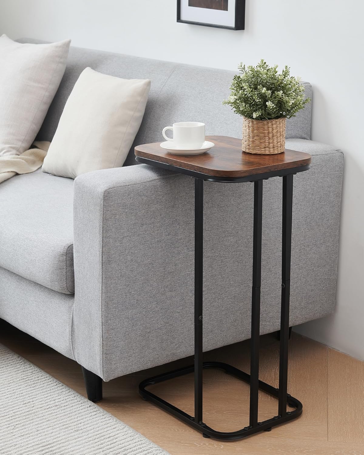 C Shaped End Table Set of 2, 26.6 inches High Small Side Table for Couch Sofa Bed, Tall Tv Tray Table, for Living Room, Bedroom, Metal Frame, Industrial Style, Rustic Brown & Black