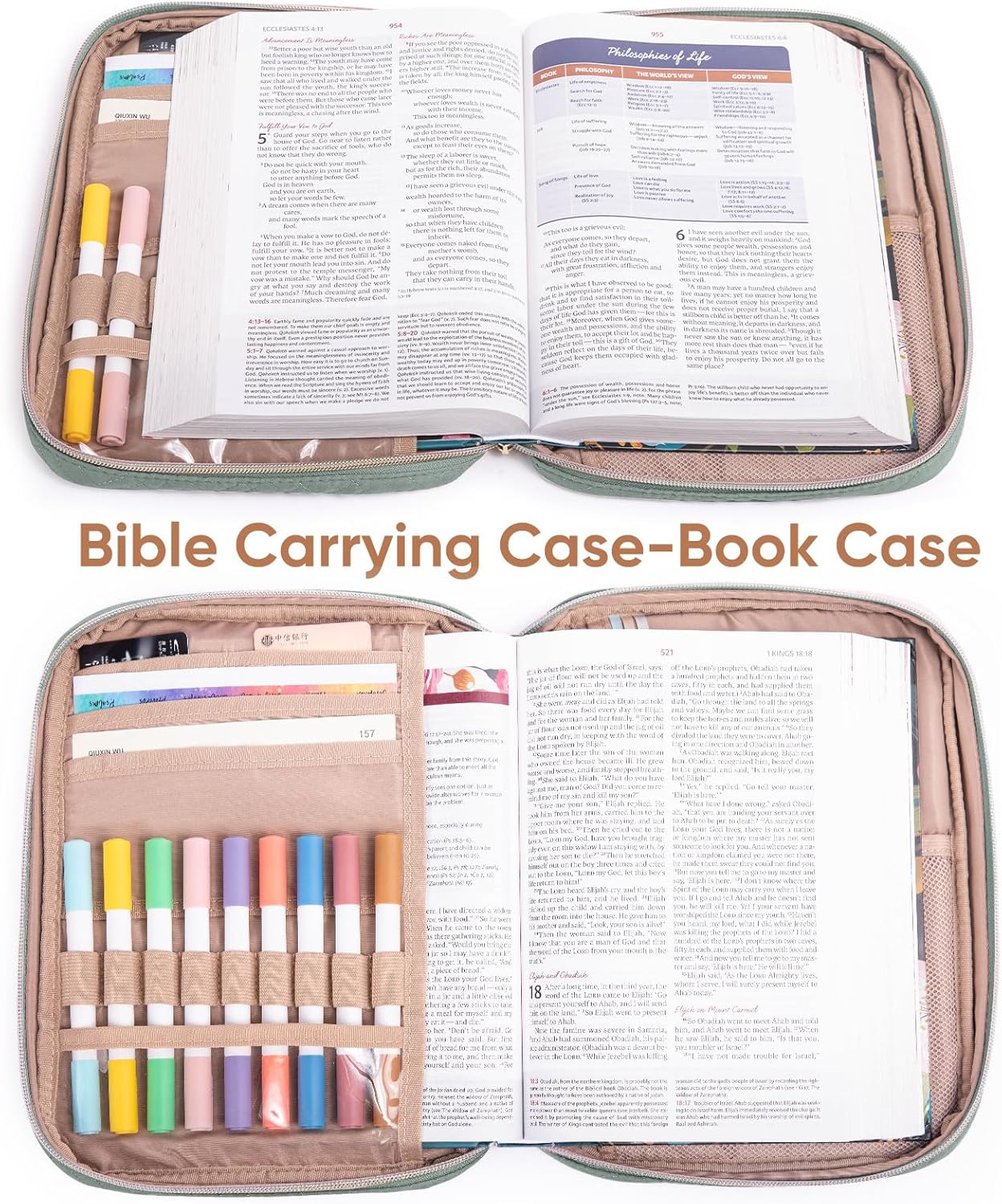 Quilted Bible Cover for Women, Zippered Organizer Bag with Sleeve for Study Supplies, Accessories & Journals, Church Carrying Gift for Girls, Book Carrying Case
