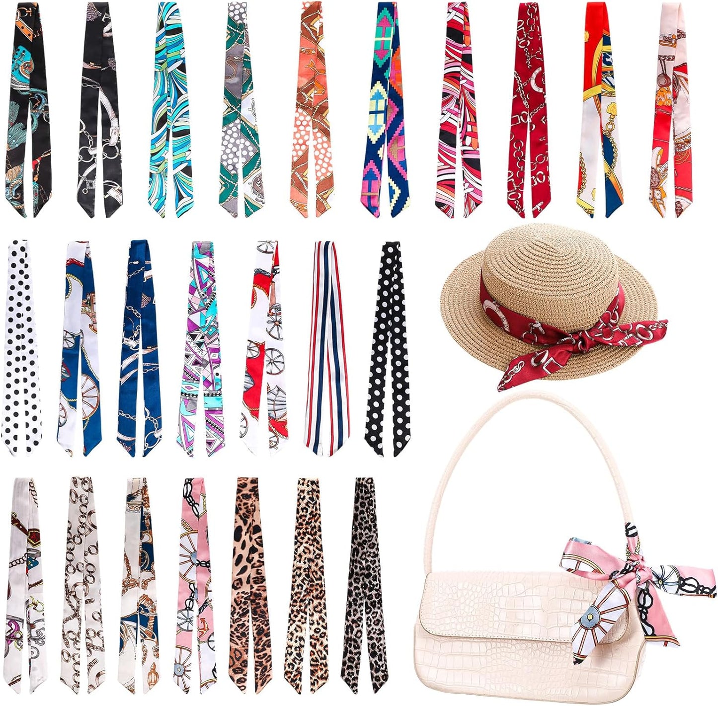 JATEBI 24 Pcs Women Handbag Head Scarf Band Narrow Hair Purse Neck Scarf Ribbon Satin Head Neckerchief Silk