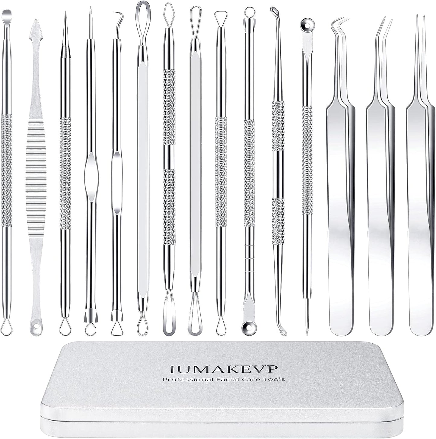 Pimple Popper Tool Kit, IUMAKEVP 15 PCS Professional Stainless Steel Blackhead Remover Comedone Extractor Tools for Removing Zit on Face - Acne Removal Kit with Metal Case (Silver)