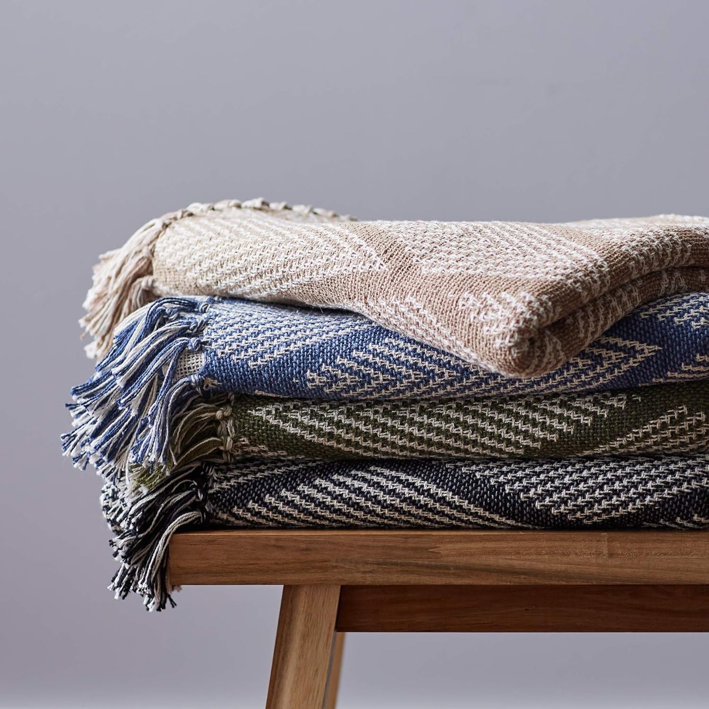DII Diamond Throw Collection Fringed Woven Cotton Blanket, 50x60, Olive Green
