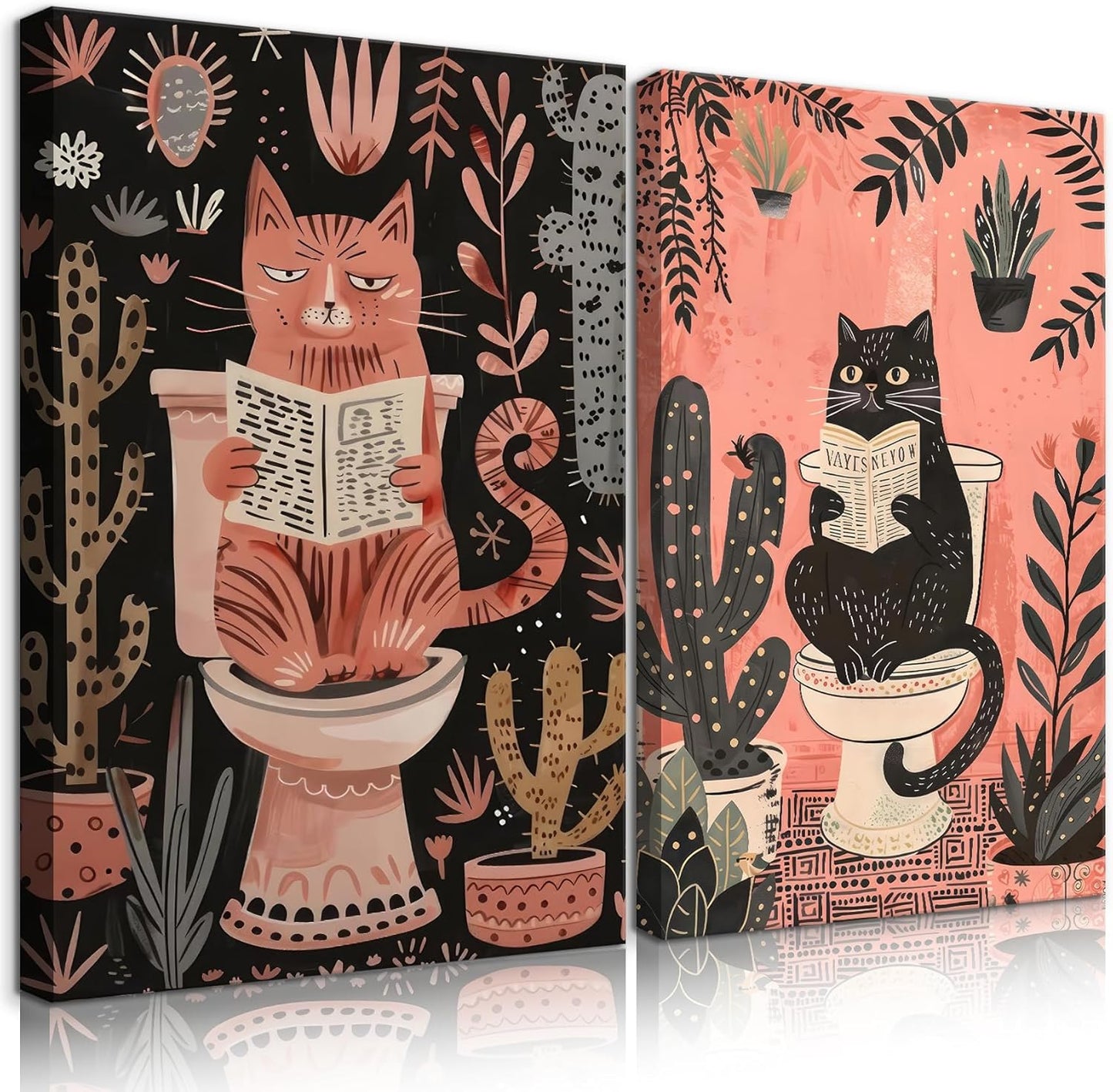2Pcs Funny Cat Bathroom Wall Art Pink Cute Pets Canvas Wall Decor Cat Reading Newspaper On The Toilet Posters Picture Cactus Prints Animals Plants Trendy Painting for Bathroom Decoration 12x16in