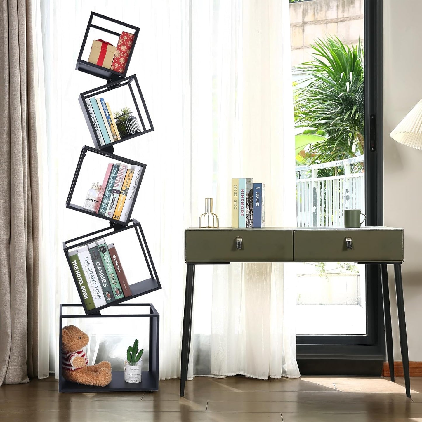 5-Tier Geometric Metal Bookshelf, Modern Unique Floor Corner Book Shelf 67", Display Storage Bookcase for Living Room, Bedroom, Office, Home Decor, Black
