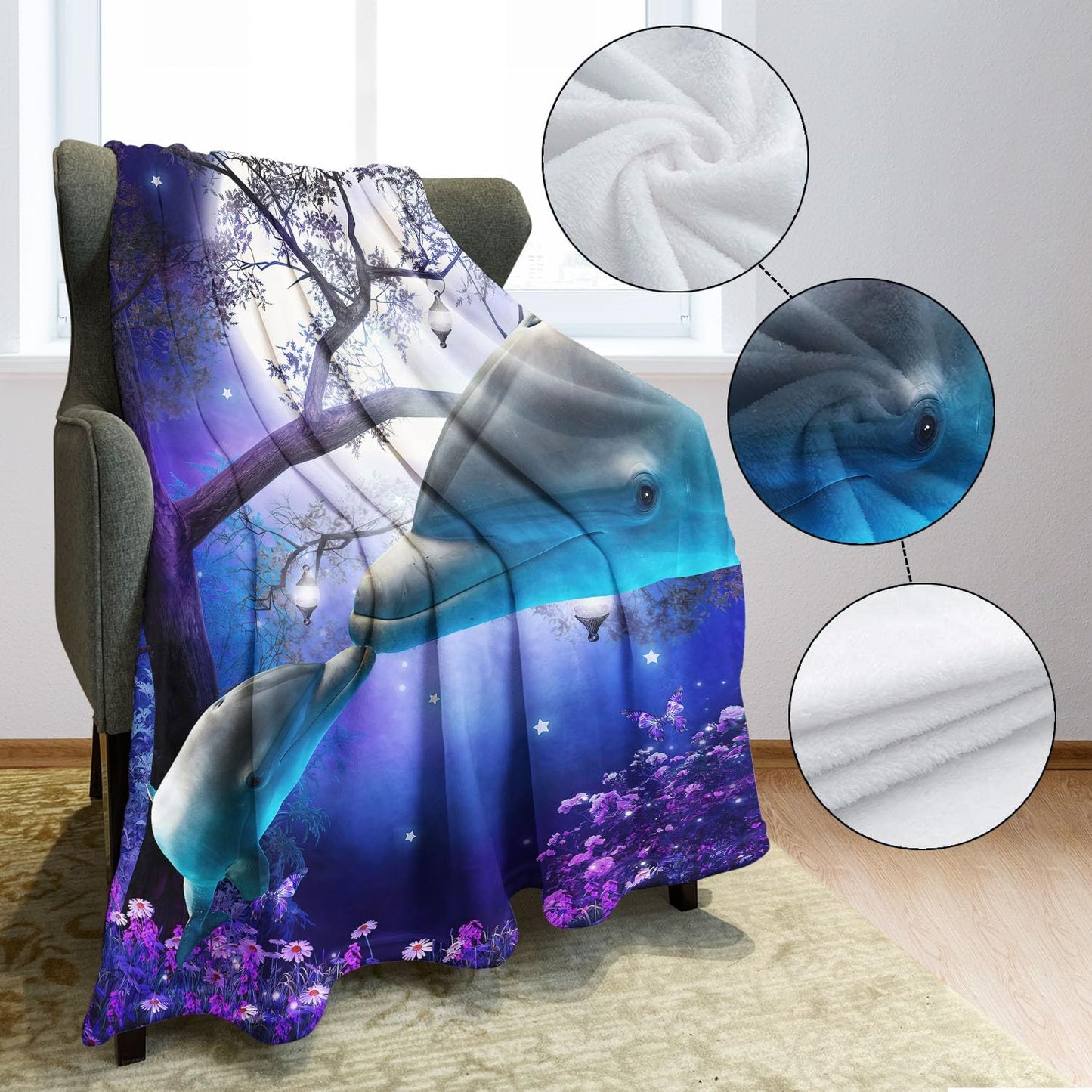 SXCHEN - Soft Fleece Blanket, 100% Microfiber, Polyester, Late Night Forest Blue Whale 2 Dolphins, 60x80 inch, Machine Wash