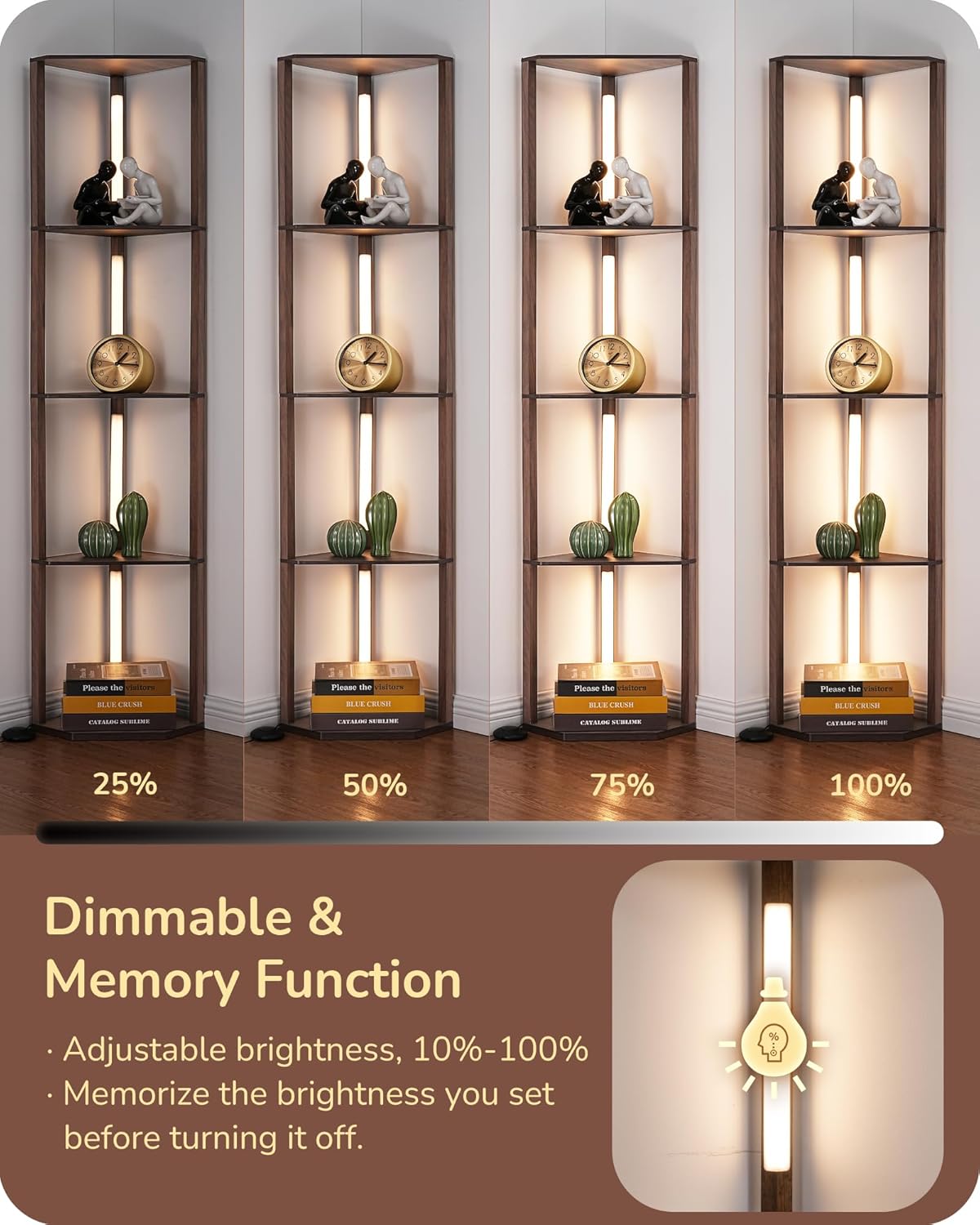 EDISHINE Dimmable LED Floor Lamp with Shelves, Corner Floor Lamps for Living Room, Corner Shelf with LED Light, 3CCT, Modern Standing Lamp, Floor Lamp for Bedroom, Office, Walnut