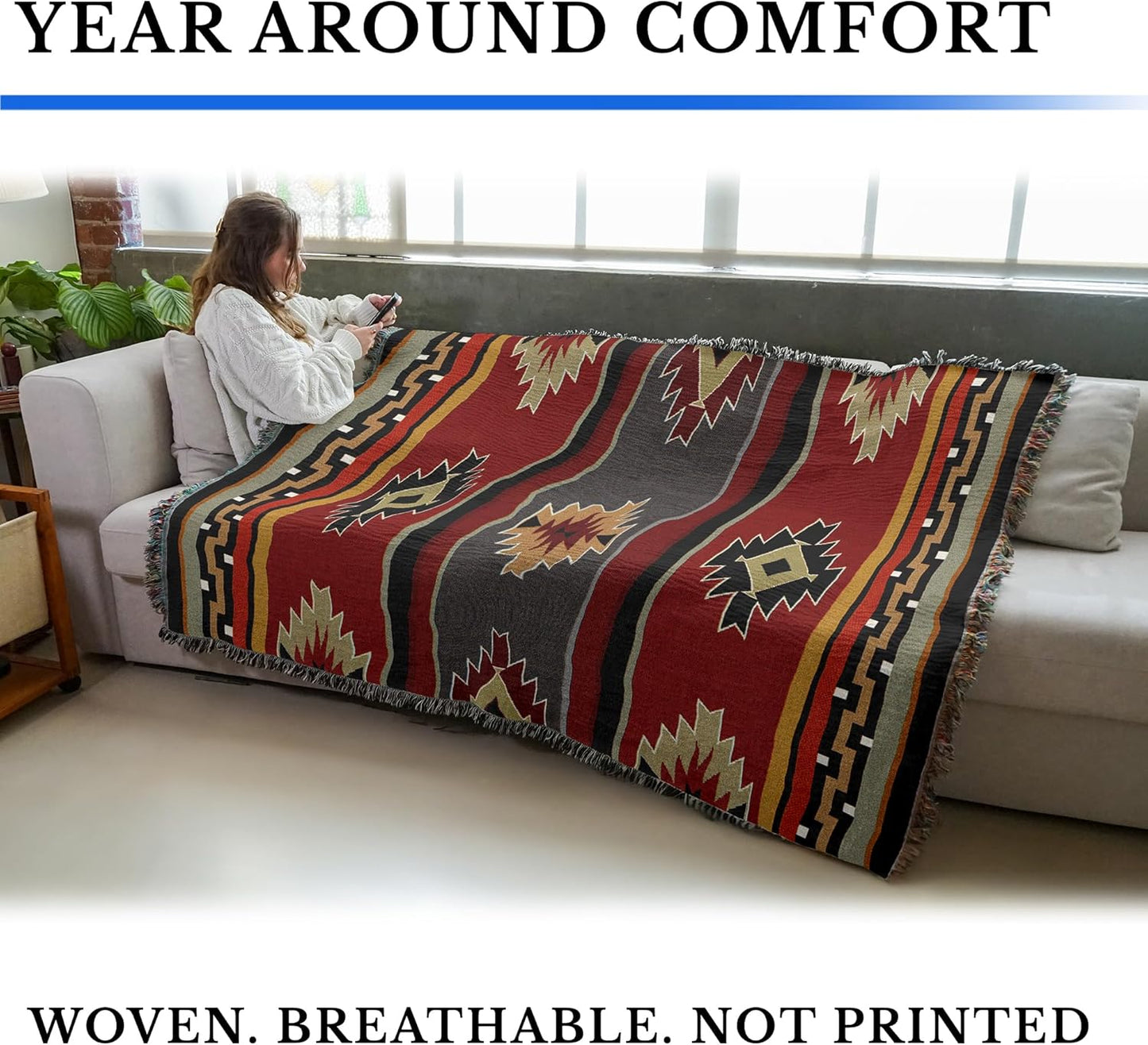 Pure Country Weavers Kaibab Blanket - Southwest Native American Inspired - Gift Tapestry Throw Woven from Cotton - Made in The USA (72x54)