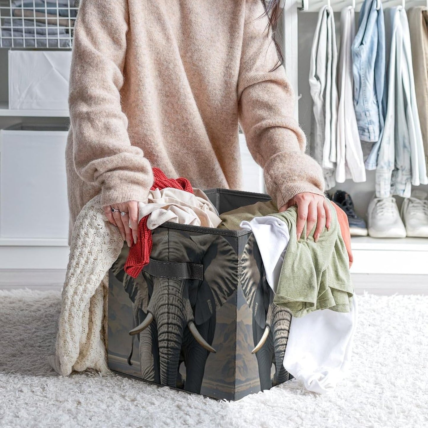 Elephant Pattern Storage Bins with Handles Fashion Large Storage Cubes Sturdy Foldable Storage Boxes Space-Saving Storage Baskets for Home Office Clothes Closet Organizers