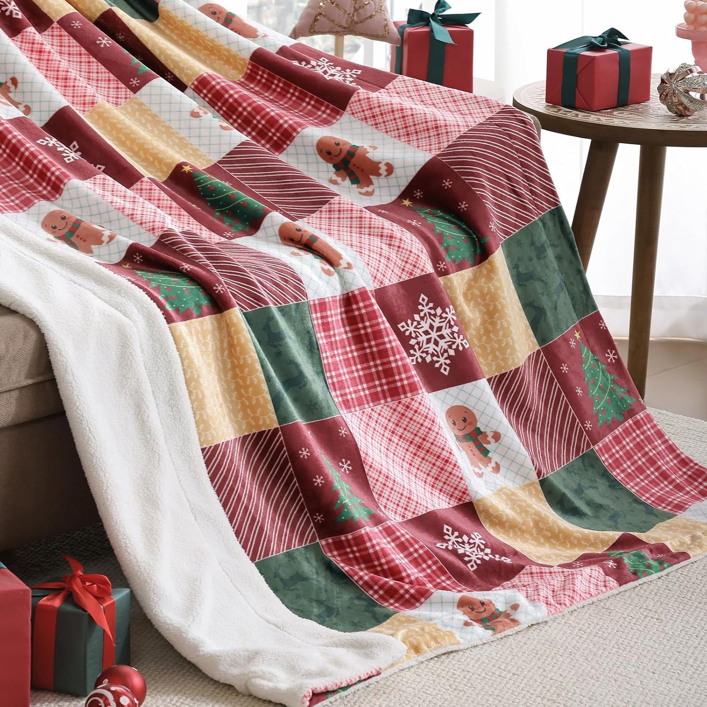 TRUEDAYS Christmas Throw Blanket 50x60 - Fluffy Sherpa Fleece Blanket for Couch & Bed, Cozy Soft Plaid Gingerbread Xmas Tree Blanket - Classic Checkered Snowflake Christmas Decor