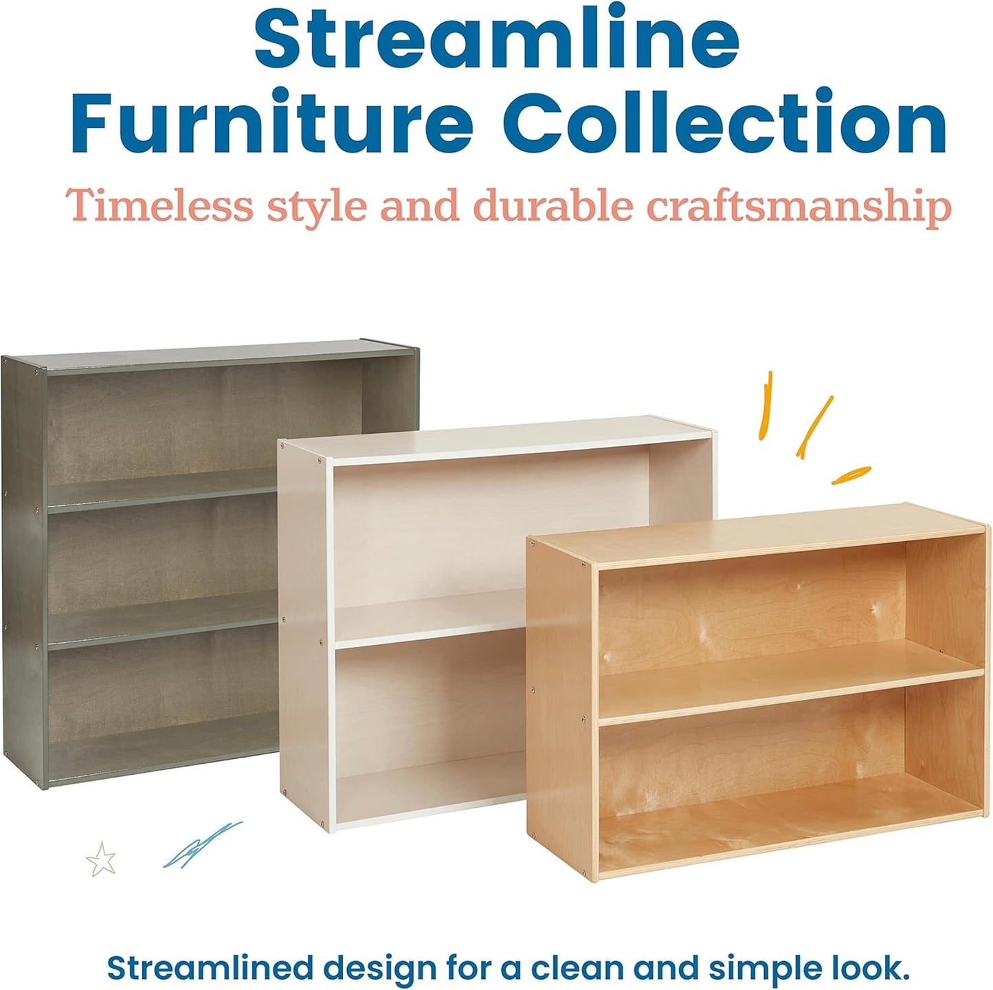 ECR4Kids Streamline 2-Shelf Storage Cabinet, 30in, Kid's Bookshelf, Grey Wash