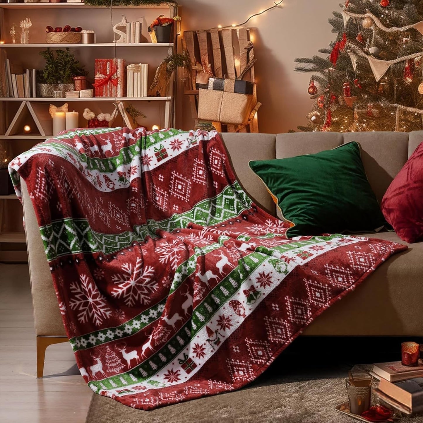 DIYKST Christmas Throw Blanket with Snowflake and Reindeer Pattern, Red Green White Holiday Design