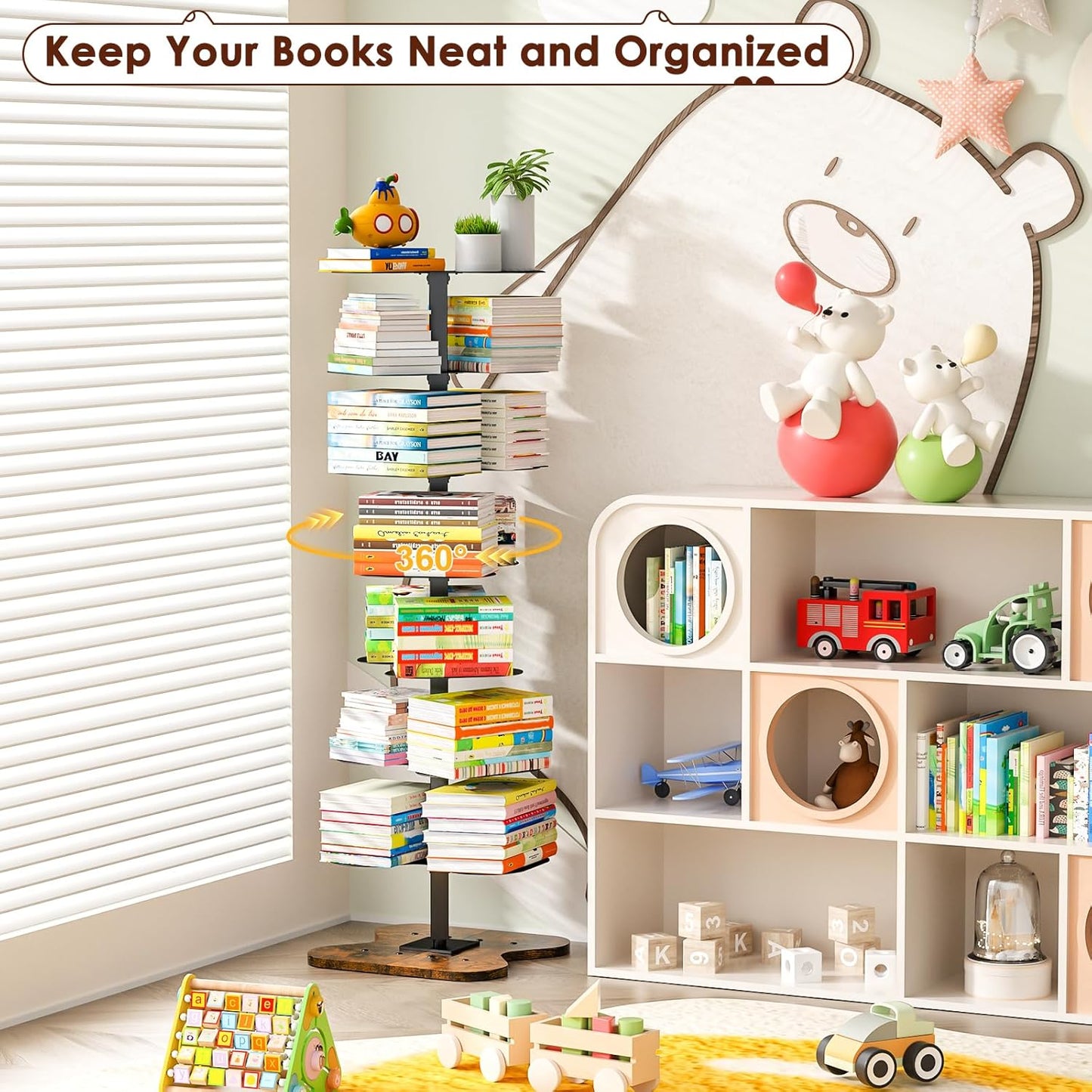 7 Tier Rotating Bookshelf, 360° Display Spinning Bookcase, Metal Corner Bookcases Storage Rack, Tall Floor Standing Revolving Bookshelves Narrow Book Shelf Organizer for Home Office, Black