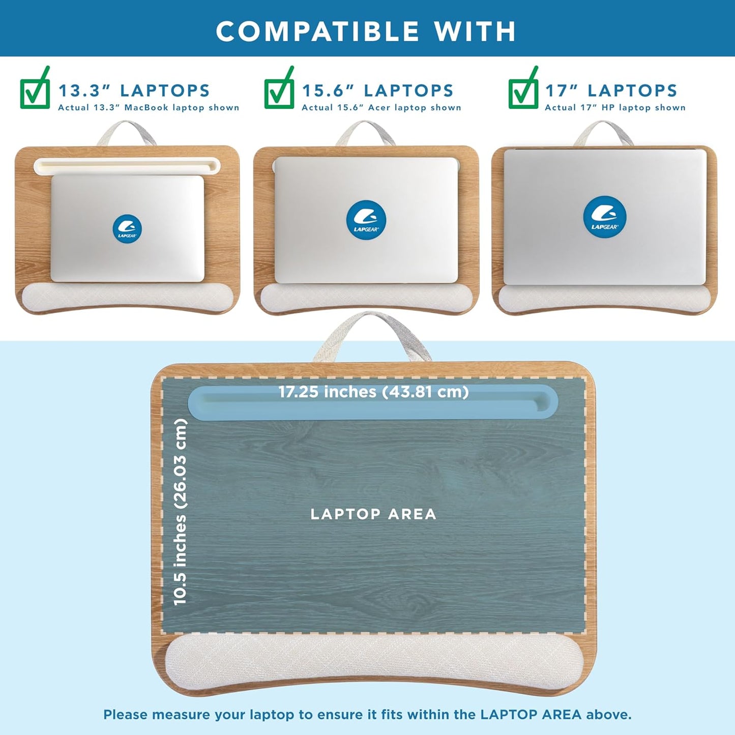 LAPGEAR Portable Laptop Lap Desk with Pillow Cushion, Anti-Slip Strip, Tablet or Phone Storage Slot, Pen and Pencil Pocket, and Wrist Rest - White Oak Woodgrain - Fits 15.6" Laptops - Style No. 91349