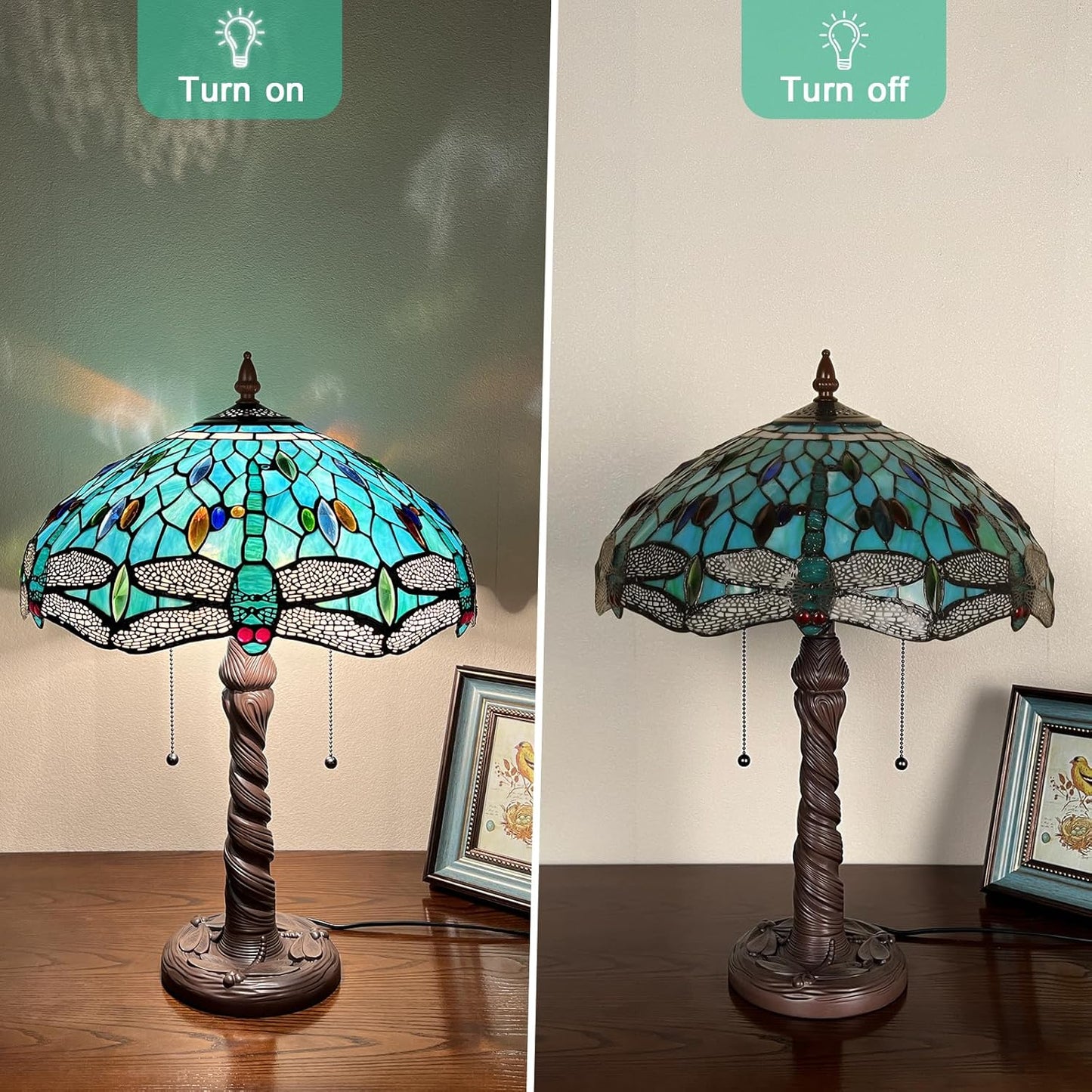Capulina Tiffany Table Lamp, Sea Grass Dragonfly Antique Style Stained Glass Reading Desk Lamp 16x16x24 Inches for Home Office Living Room Bedrooms Study