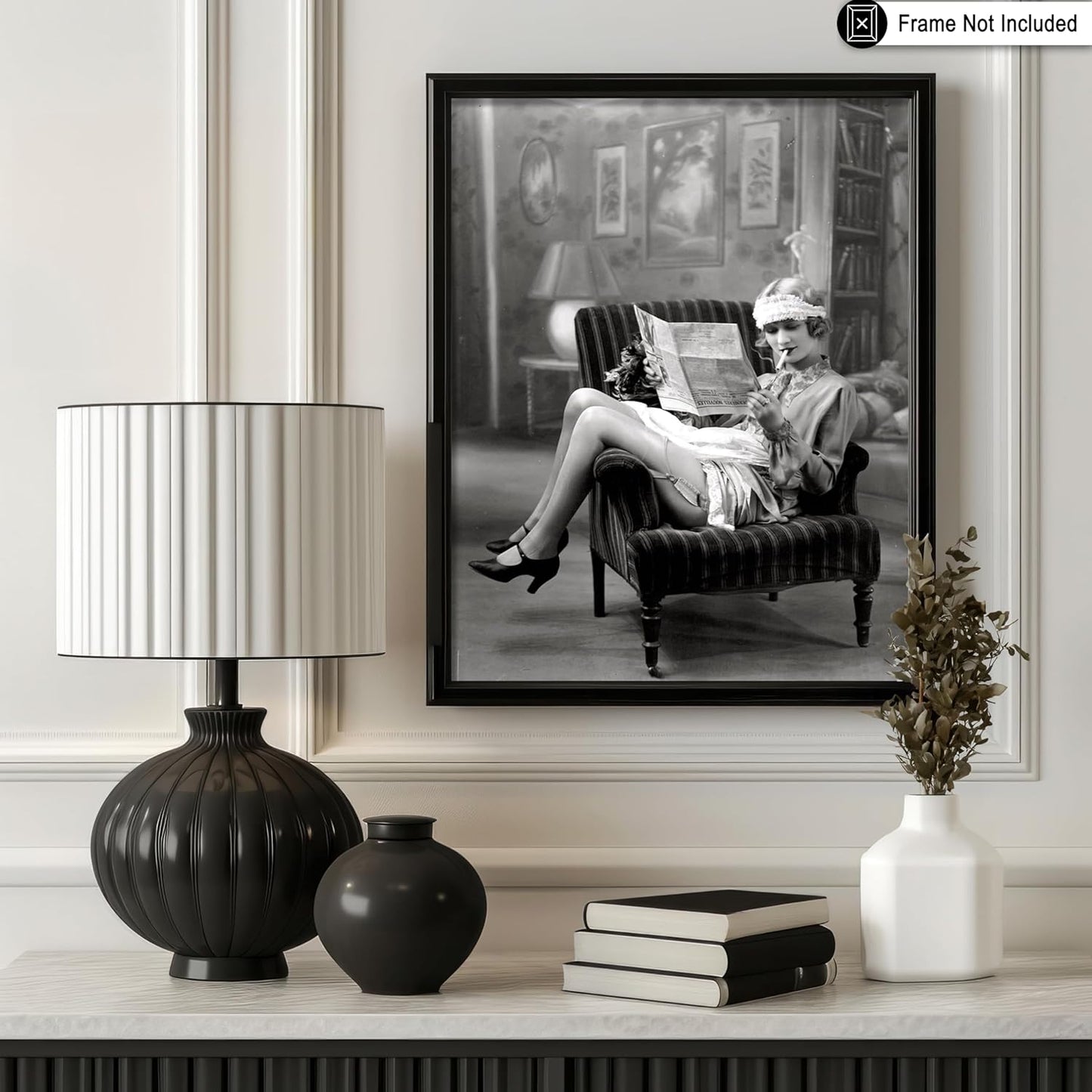 Poster Master Vintage Smoking Flapper Girl Poster - Retro Reading in Stockings Print - Lingerie Art - Fashion Art - Glam Gift for Her, Women - Decor for Bedroom, Living Room - 8x10 UNFRAMED Wall Art