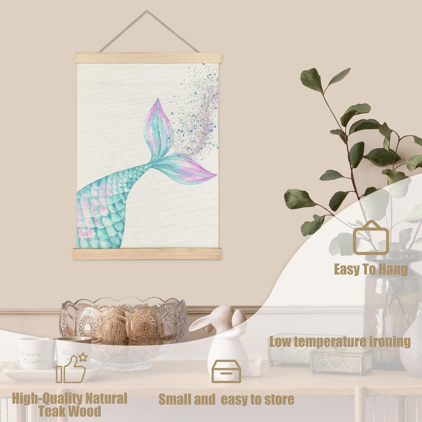 WUCHJ Blue Beach Mermaid Wall Art Poster 12x16 Inch, Beachy Room Decor Aesthetic, Coastal Glitter Blue Mermaid Tail Hanging Wall Decor Canvas Prints for Girls Dorm Bathroom Nursery Bedroom Apartment