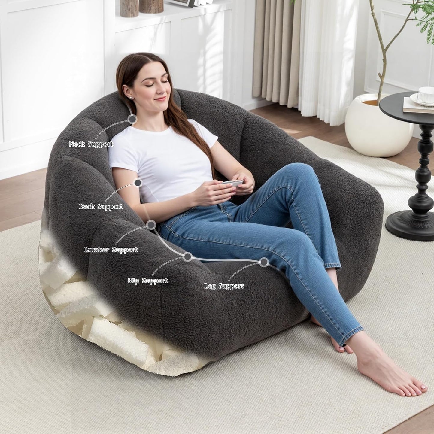 MINCETA Giant Bean Bag Chairs for Adults, Comfy Bean Bag Chair with Armrests, 35" D x 41.4" W, Dark Gray Beanbag Sofa for Living Room, Bedroom, Filler Included
