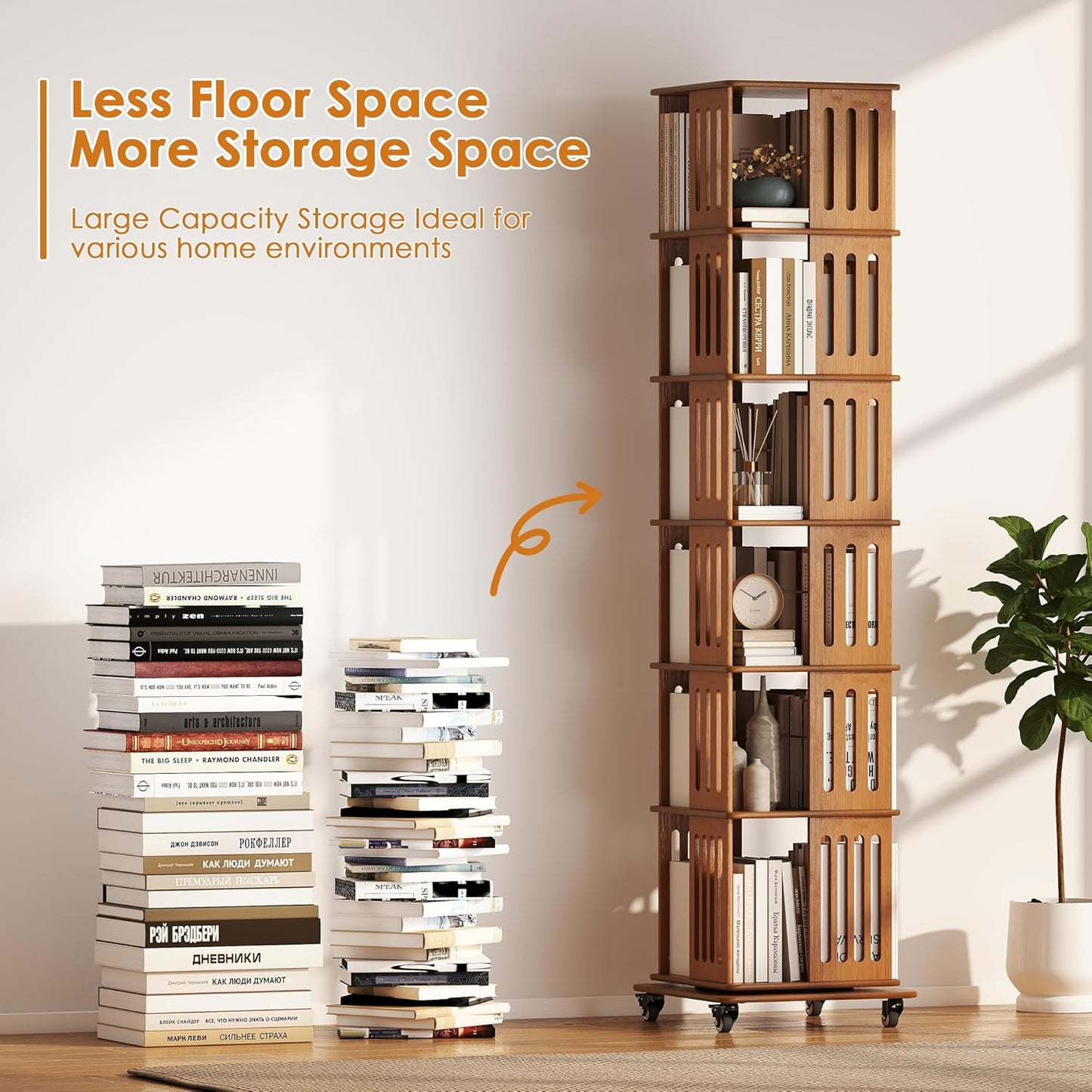 Rotating Bookshelf Tower 6 Tier 360° Bamboo Spinning Bookcase Tall Square Revolving Book Shelf Floor Standing Vertical Space-Saving Storage for Kids Rooms Living Room Bedroom Office - Walnut