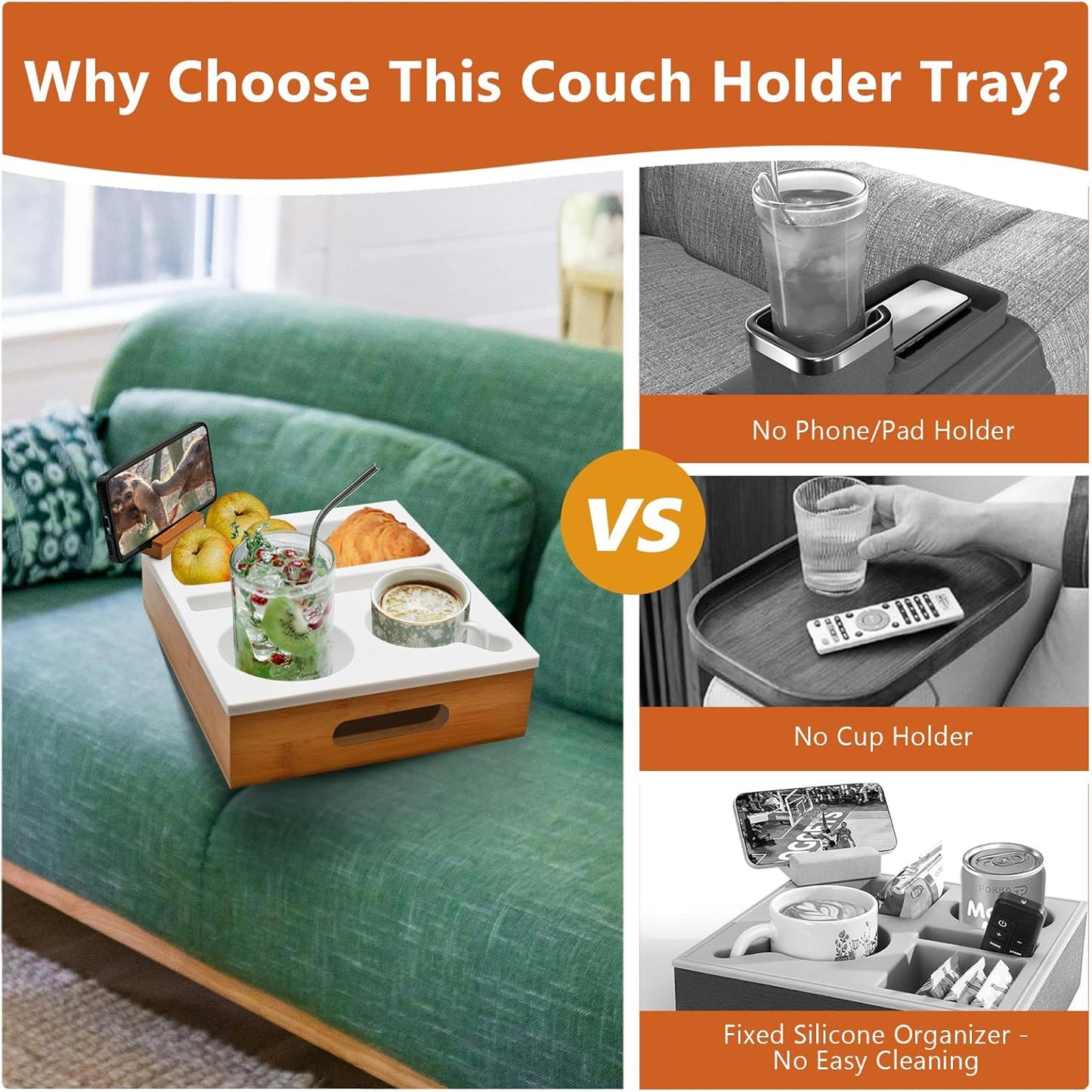 Couch Cup Holder with Sturdy Bamboo Bottom Tray and Anti-Spill Washable Silicone Liner for Eating on Couch or Bed, TV-Watching Food Snack Trays with Drinks Cup Holder TV Remote Holder (Grey)