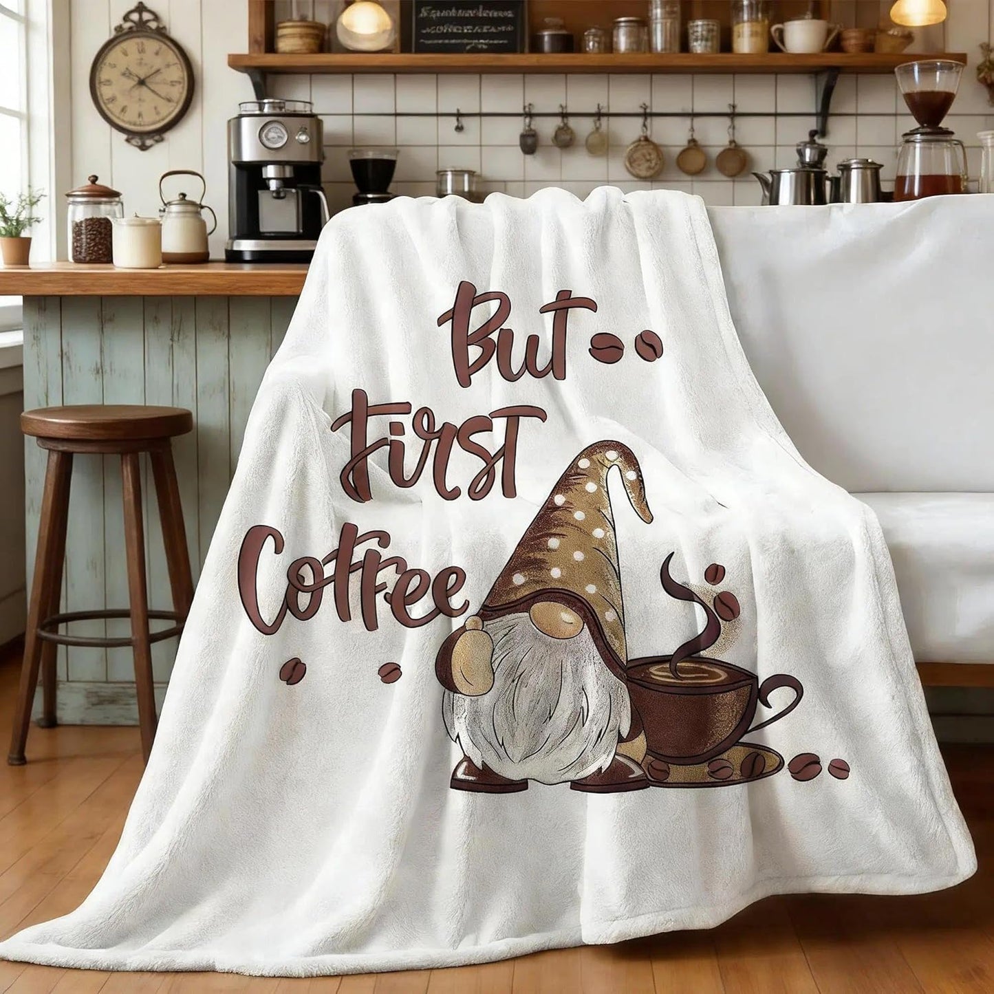Coffee Gnome Blanket for Women, Gnomes Gifts for Women, But First Coffee Theme Blanket Gifts for Gnome Lover, Soft Lightweight Flannel Throw Blanket for Couch, 50x60 Inch