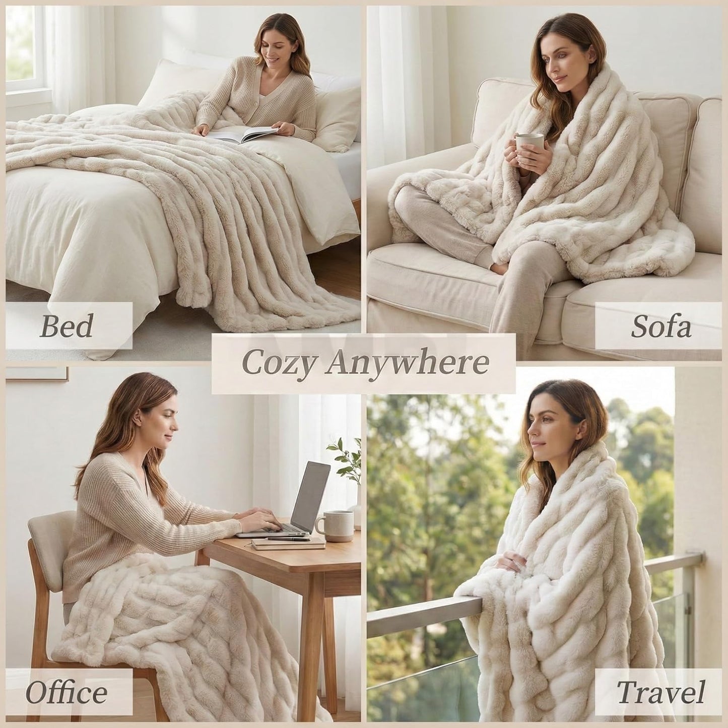 Luxury Concepts Soft Faux Rabbit Fur Throw Blanket - 50" x 60", Elegant Ruched Design Blanket, Machine Washable and Wrinkle Resistant, Lightweight Beige Throw Blanket for Couch, Sofa and Bed