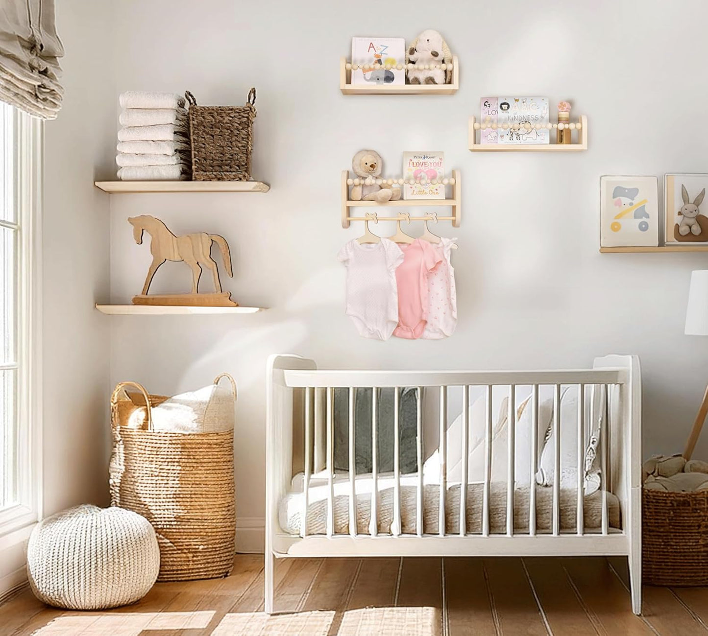 CNK Nursery Floating Book Shelves for Wall Mounted Set of 3 Book Shelf for Kids Room, Toddler Room, Baby Rooms Natural Pine Wood Bookshelf Toy Storage with Rack Playroom Decor