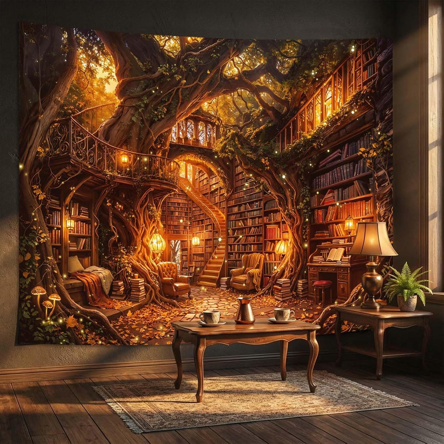Kanuyee Magical Tree House Library Wall Tapestry, Fantasy Bookshelf Forest Art Tapestries for Room Decor, Enchanted Tapestry 80" x 60"