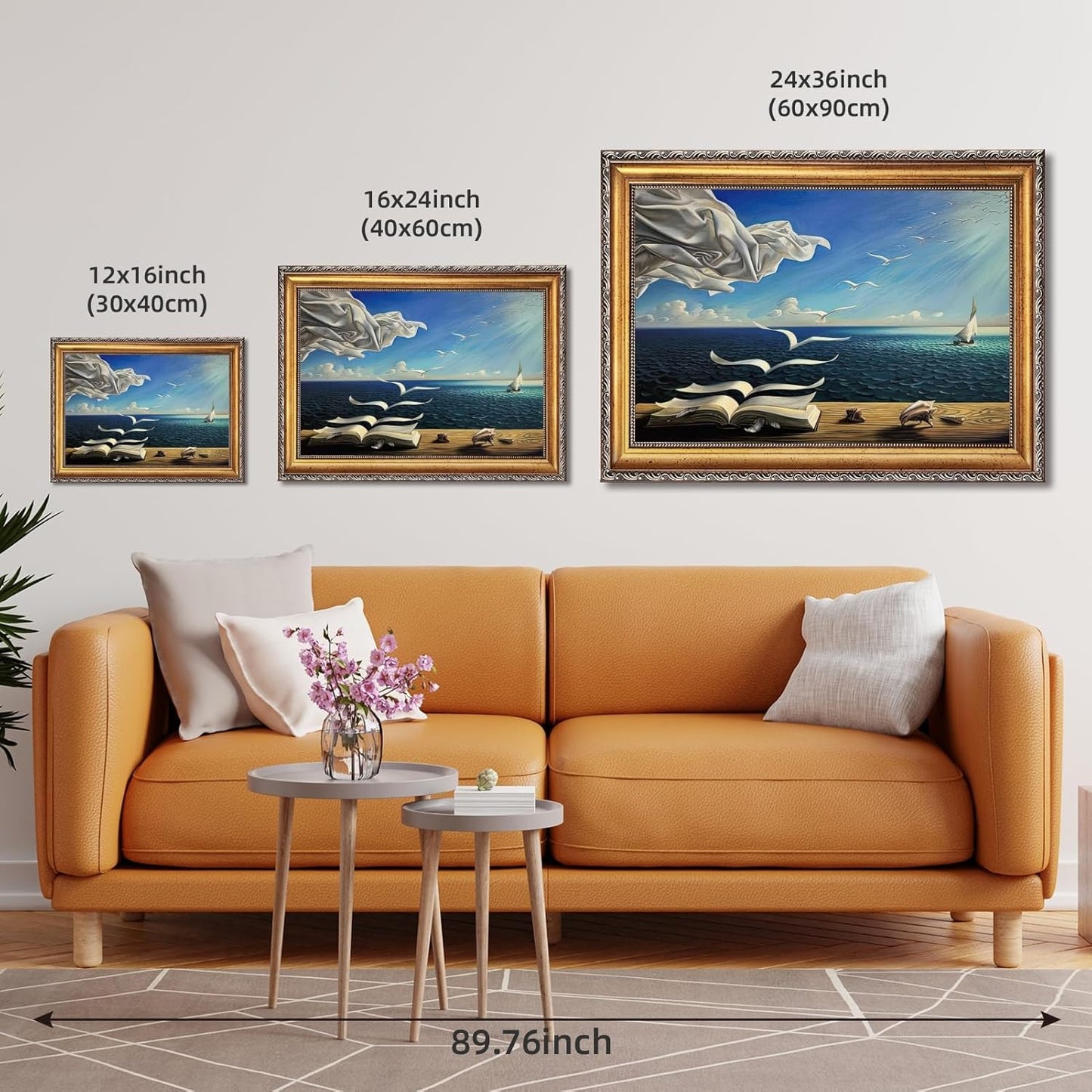 Qcrpnhy Surreal Ocean Dream Poster Wall Art Flying Pages And Seagulls Canvas Print Nautical Fantasy Book Scene Coastal Wall Decor For Living Room Bedroom Office 24x36inch Golden frame