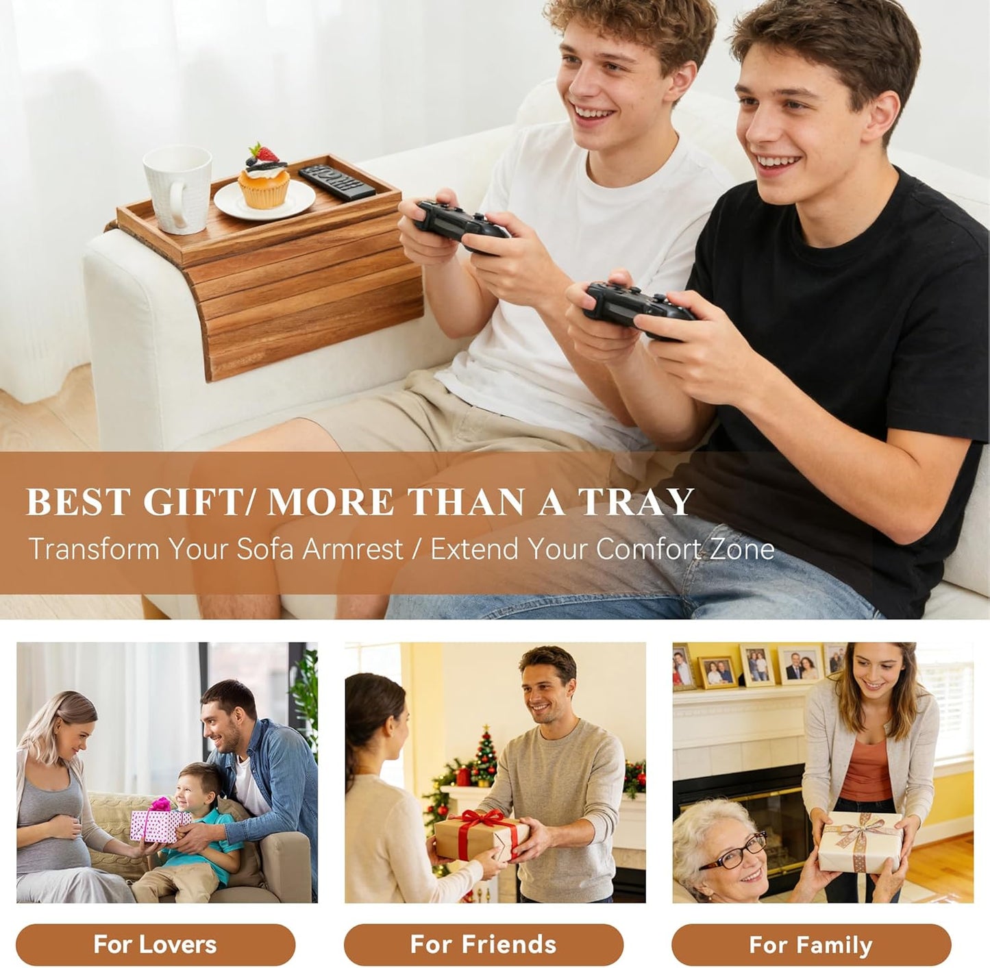 GEHE Acacia Wood Sofa Arm Tray, Foldable Couch Arm Tray Side Table, Anti-Falling Armrest Tables Cup Holder for Snacks, Drinks, Beers, Phone, Control, Flexible and Portable, Anti-Slip