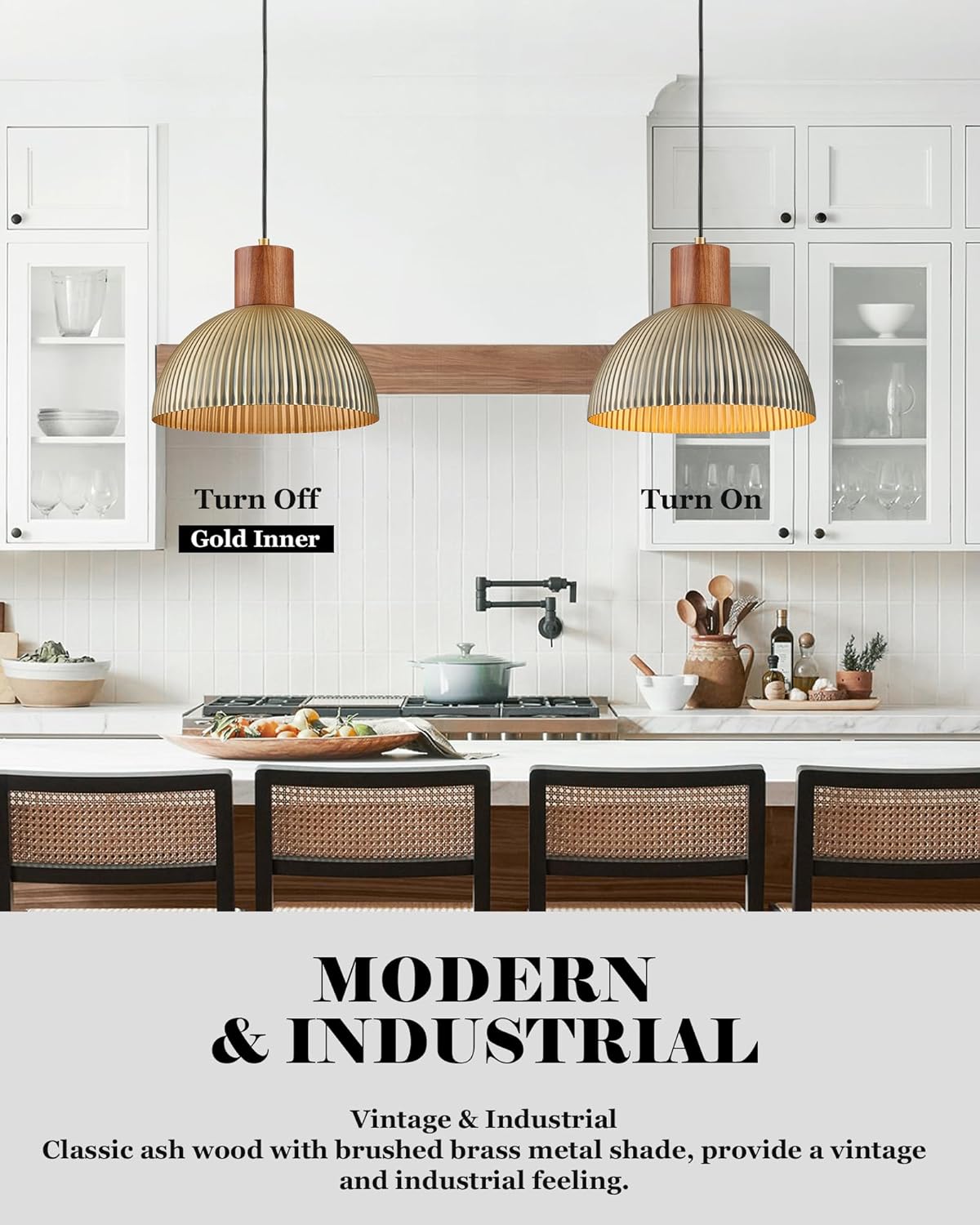 ELYONA Vintage Ash Wood Dome Pendant Light 12" Hanging Lamp with Brushed Brass Metal Shade & Gold Inner Finish, Modern Pendant Light Fixtures for Kitchen Island Dining Room Bedroom Living Room Hallway