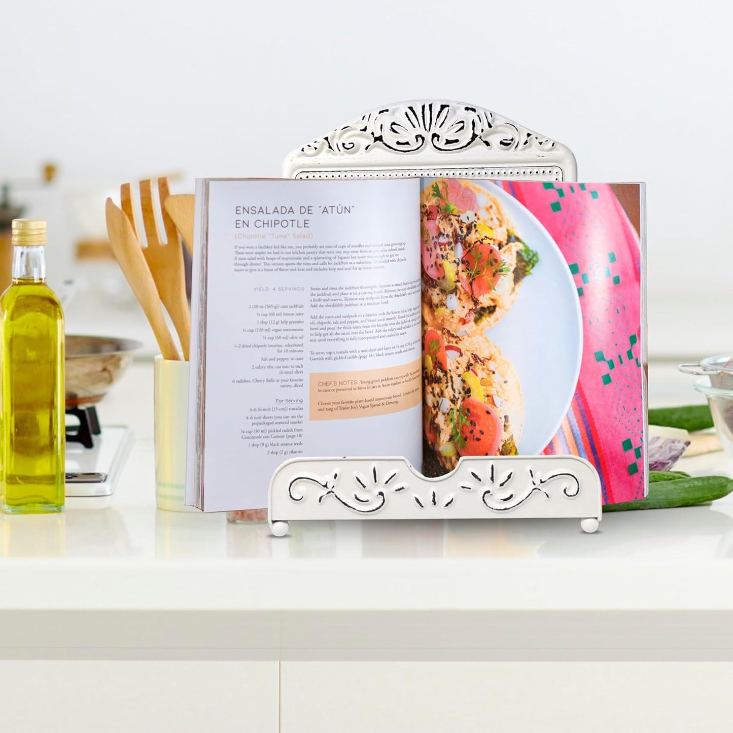 Metal Recipe Book Stand – White Ornate Cookbook Holder with Floral Design – Distressed Vintage-Style Decorative Easel for Kitchen, Farmhouse Decor, Counter Display – Great Gift for Moms & Cooks