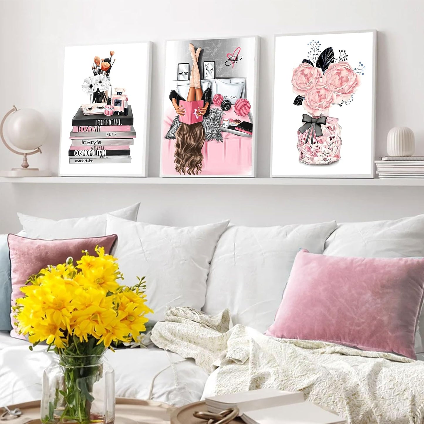 3Pcs Pink Trendy Girls Canvas Wall Art Pictures Fashion Girl Reading Book Posters Print Stylish Delicate Bathroom Bedroom Makeup Room Beauty Room Wall Decor 16x24in Unframed