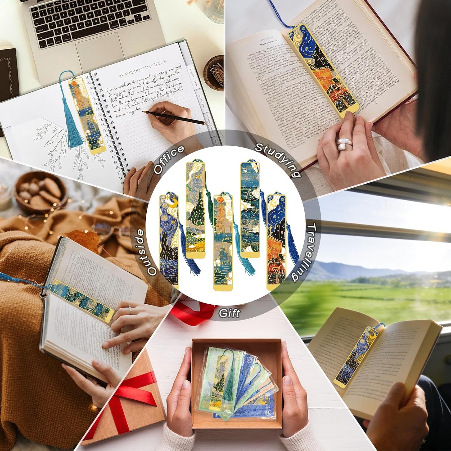 5 Pcs Metal Bookmarks with Tassel, Oil Painting Scenery Theme Exquisite Bookmarks, Book Accessories Gifts for Book Lovers Writers Readers Children Teens Men Women Adults (Scenery-5pcs)