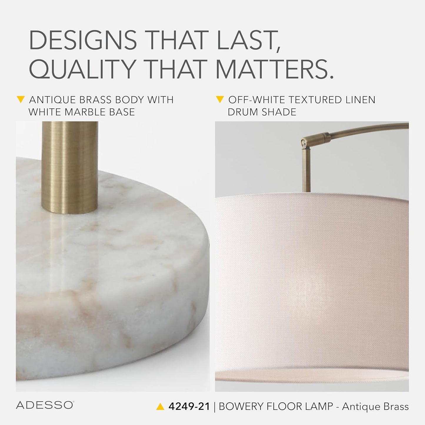 Adesso Arc Floor Lamp with Marble Base and Off-White Linen Lampshade – Adjustable Overhead Bedroom, Home Office Lighting, or Living Room Decor, 73.5” x 48”