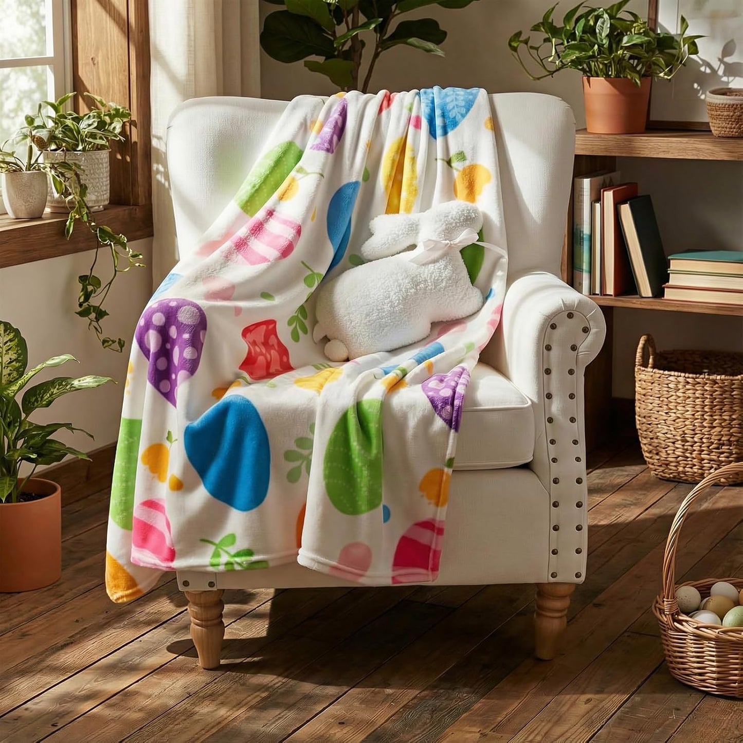 2 Pcs Easter Plush Throw Blanket and Pillow Set, 40 x 50 Inch Soft Easter Eggs Flannel Blanket Fluffy Bunny Stuffed Pillow Cushion Gifts for Boys Girls Teens Bedroom Decor