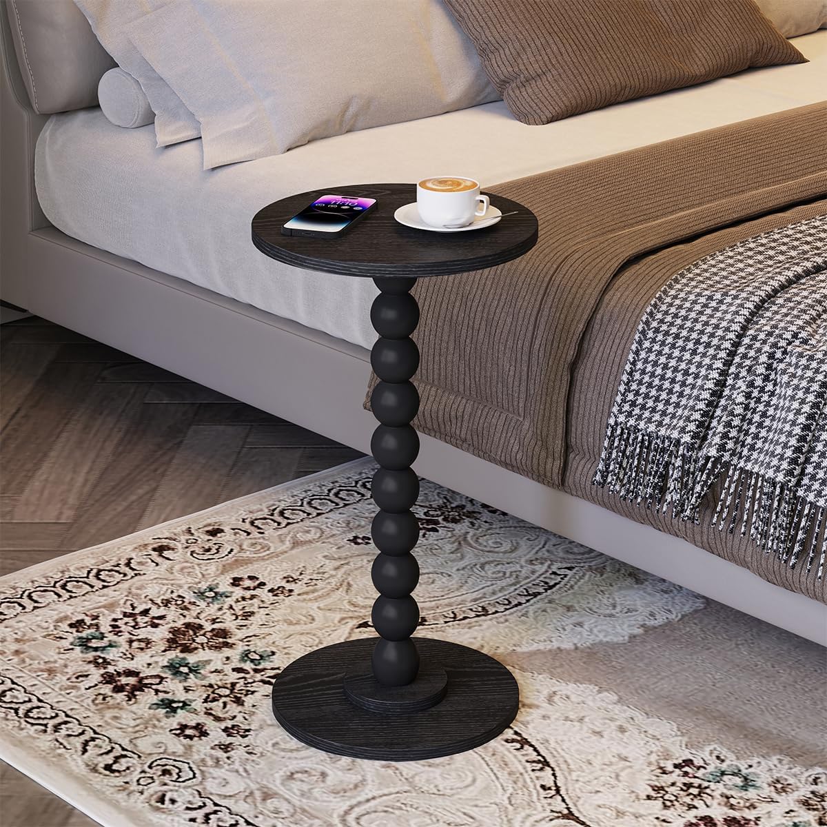 Round Side Table, Small Drink Table for Small Spaces, Pedestal End Table for Living Room, Modern Accent Nightstand with Solid Wood Leg for Bedroom, Corners and Office Black Color UTBT005B