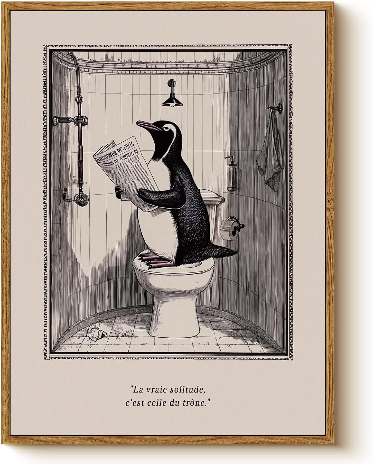WHASAYART Funny Penguin Reading Newspaper on Toilet Wall Art, 12x16 Framed Canvas Print French True Solitude Is on the Throne Quote Artwork, Humorous Restroom Bathroom Office Men’s Cave Decor