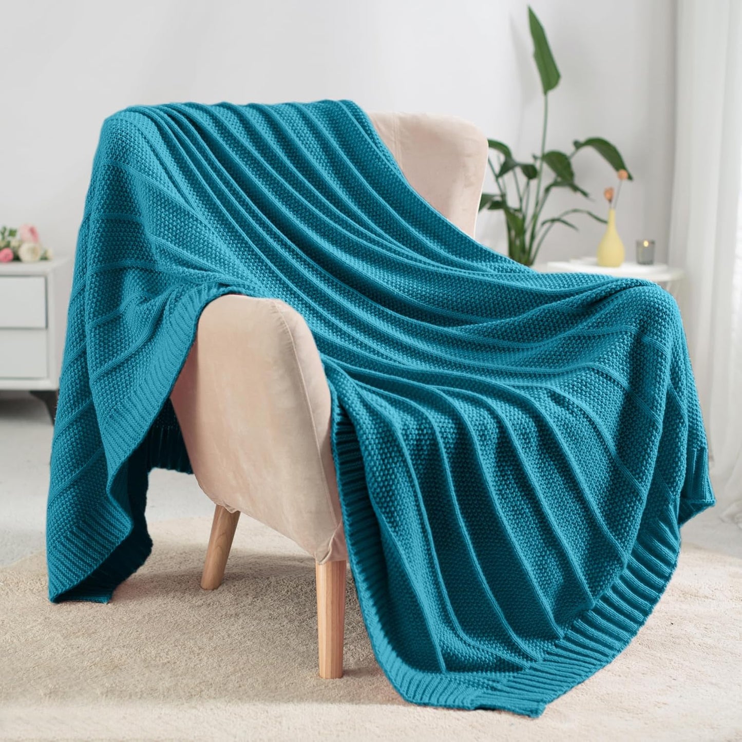 Carriediosa Knit Throw Blanket for Couch 50" X 60", Soft Cozy Stripe Pattern Cable Knitted Throws Fall Fluffy Textured Solid Home Decor Blankets Couch Cover for Bed Sofa, Teal
