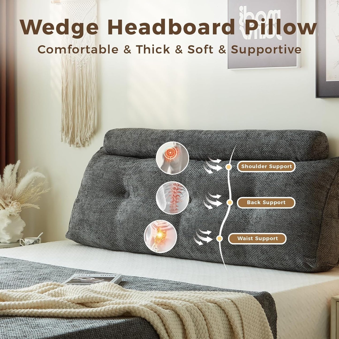 Headboard Pillow for Twin XL – Chenille Large Triangular Wedge Pillow for Headboard Gap, Daybed and Couch Backrest, Reading and Sitting Up in Bed with Removable Washable Cover, Dark Gray