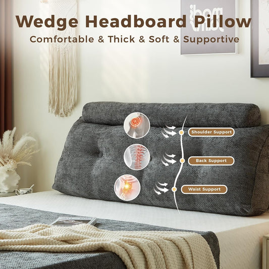 Headboard Pillow for Twin XL – Chenille Large Triangular Wedge Pillow for Headboard Gap, Daybed and Couch Backrest, Reading and Sitting Up in Bed with Removable Washable Cover, Dark Gray