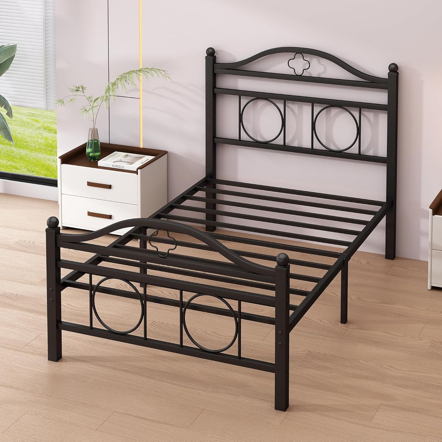 Twin Bed Frame with Headboard,Heavy Duty Steel Slats Support Mattress Foundation-Under Bed Storage, No Box Spring Needed, Noise Free