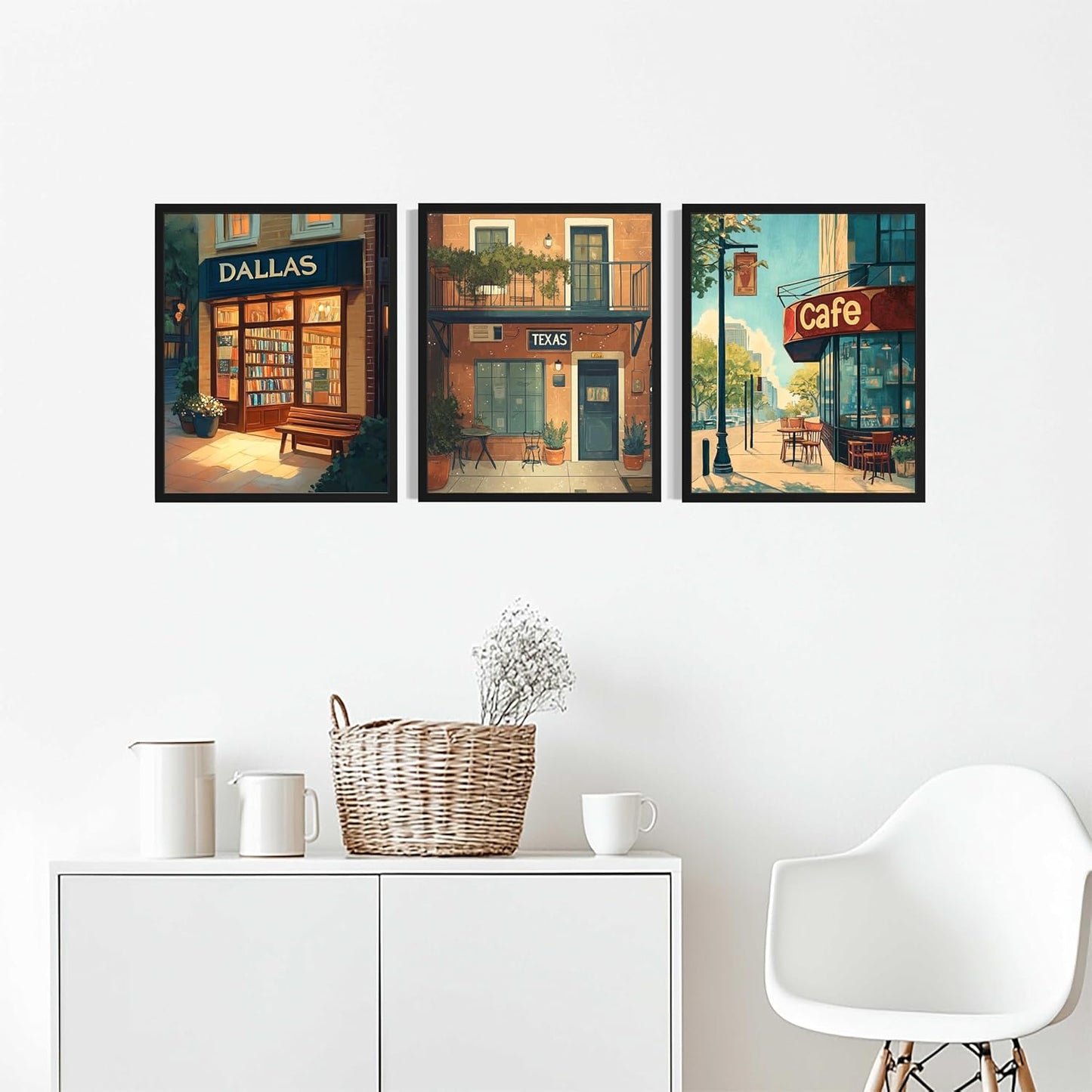 Dallas Texas Art Print Poster, (Set of 3) Vintage Cafe Bookstore Reading Books Wall Art Painting for Living Room Office Decor AAA15 (Dallas Texas, 8 x 10 inches (3 Panels), Unframed)