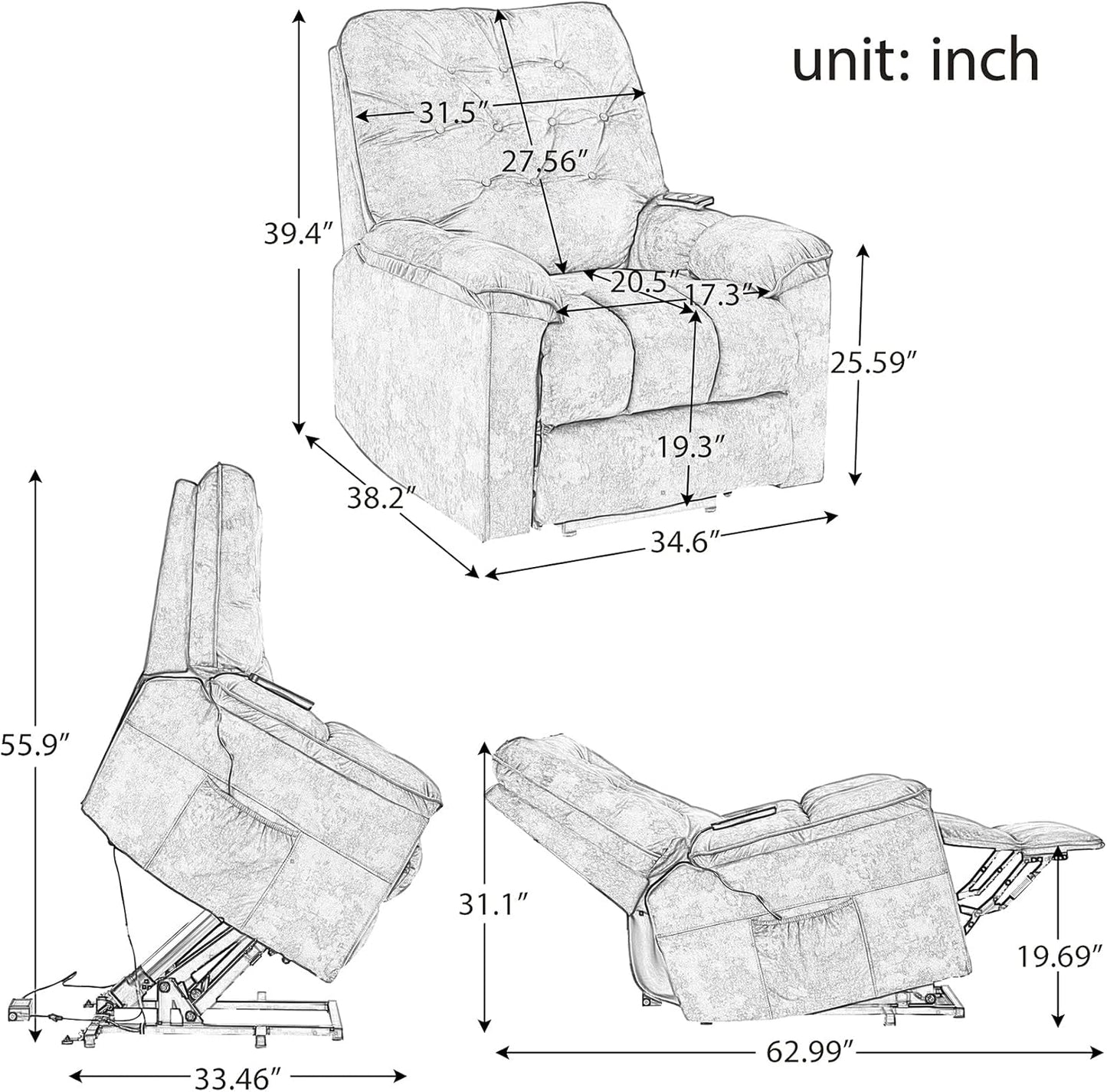 Adjustable Home Theater Seating Power Lift Recliner Chair for Elderly Fabric Ergonomic Lounge Chair for Living Room Single Sofa Reading Chair with Remote Control