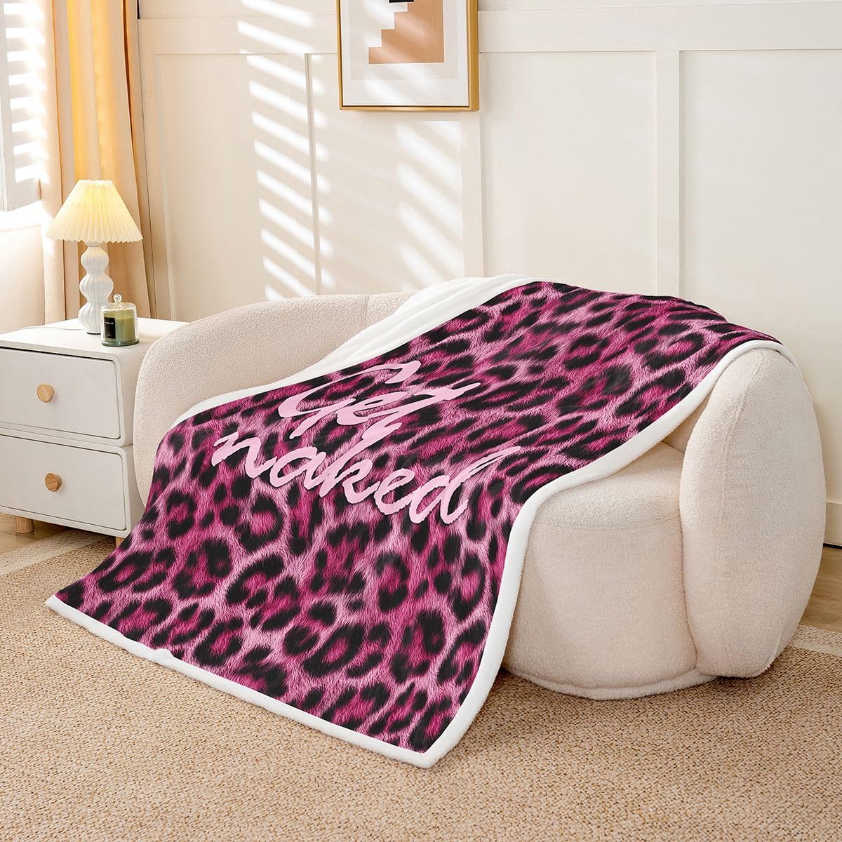 Feelyou Leopard Print Get Naked Sherpa Throw Blanket for Couch Funny Quotes Super Soft Cozy Fleece Pink Blanket for Winter, Plush Throw Cheetah 40"x50" All Season