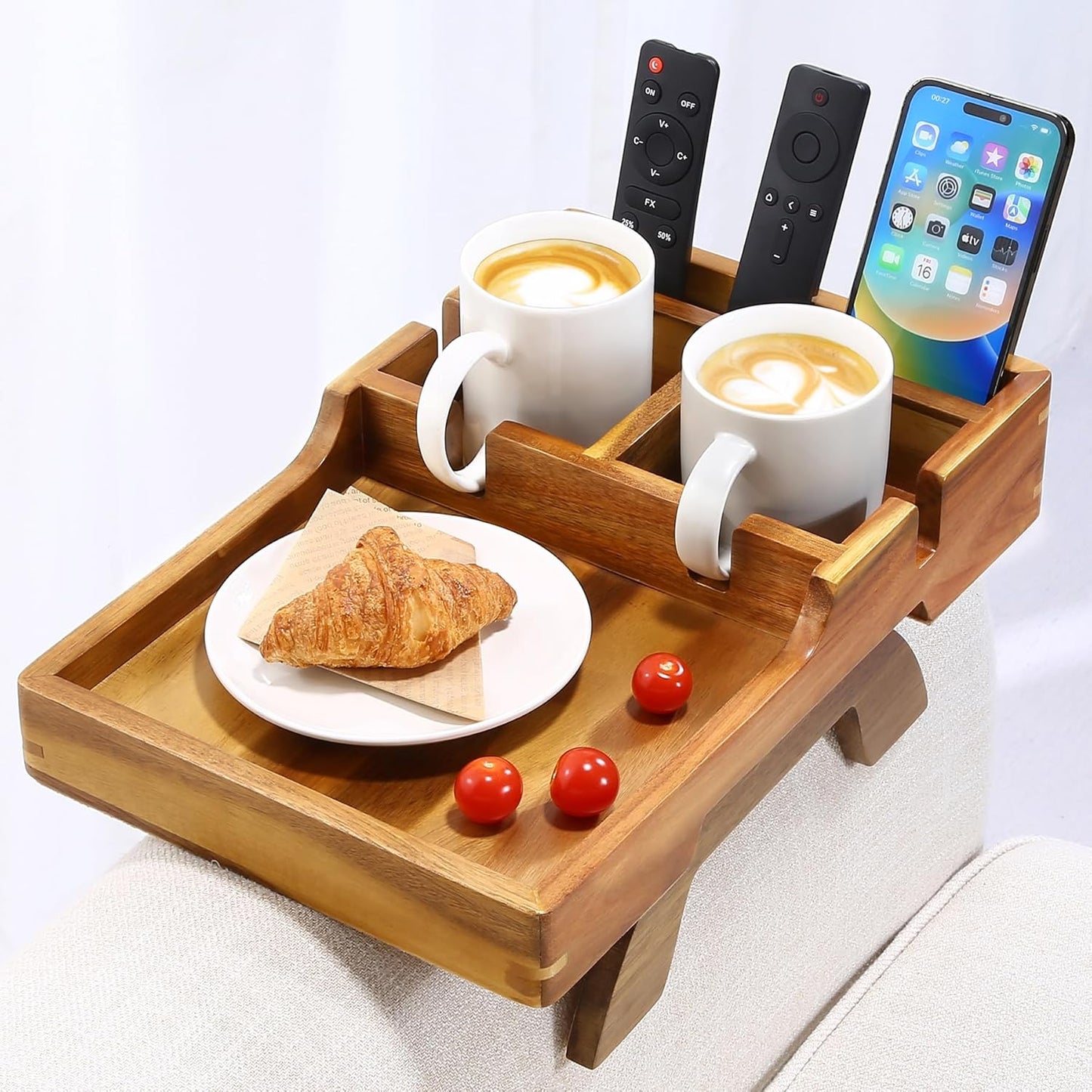 Acacia Wood Couch Arm Tray, 15.35"x9.85" Couch Armrest Table with Cup Holder, Foldable Desktop for Dual Use Sofa Arm Tray, with Non-Slip Feet