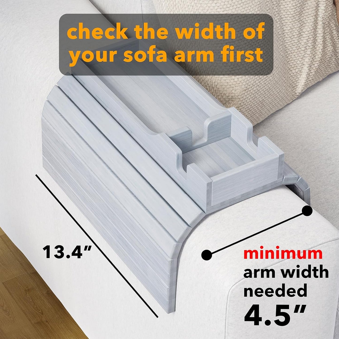 SpaceAid Bamboo Couch Cup Holder, Anti Falling Foldable Sofa Armrest Tray with Cup Holder, Couch Arm Side Table Organizer for Drink Cup Remote Snacks (Gray)