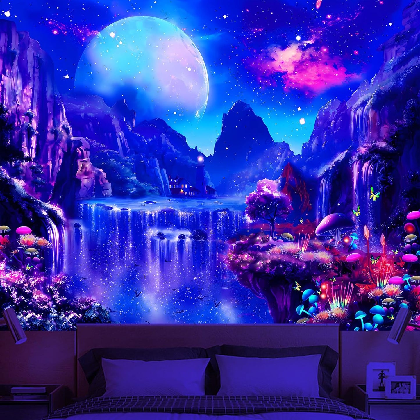 Avinyl Blacklight Space Tapestry for Bedroom, Black Light Moon and Mushroom Large Tapestries 60" x 79", Glow In The Dark Fantasy Waterfall Landscape Wall Hanging for Living Room Dorm Decor