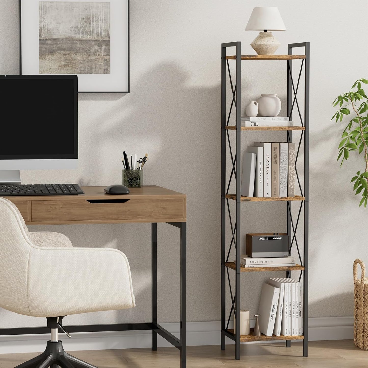 Homhedy 5 Tier Bookshelf, Tall Narrow Bookcase for Small Space, Metal Storage Book Shelf, for Home Office, Living Room, Kitchen, Bedroom, Industrial Style, 10.4" D x 13" W x 55.1" H, Rustic Brown