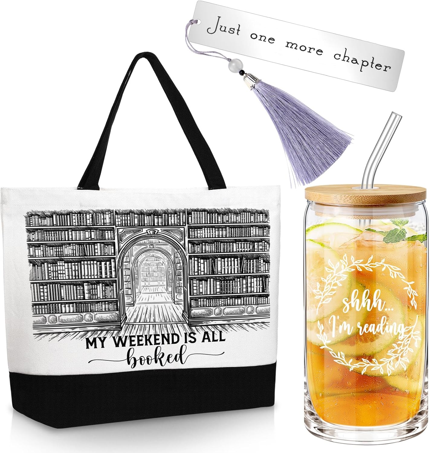 Inbagi 3 Pcs Book Lover Gift, Book Club Accessories, Bookish Gifts for Readers Librarians Bookworms Teachers Friends Cute Birthday Gift, 1 Canvas Tote Bag, 1 Metal Bookmark and 1 Glass Cup