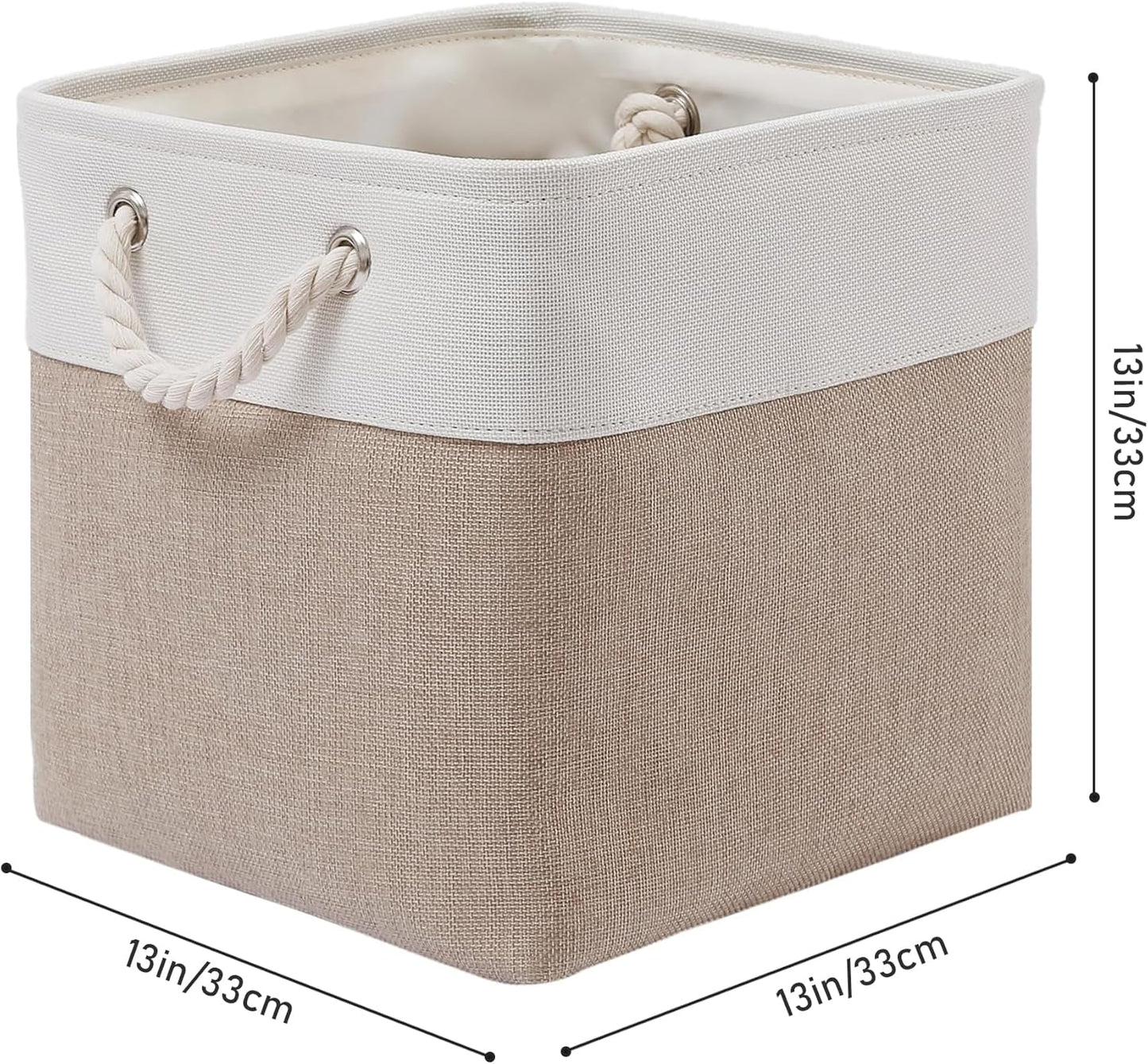 13 x 13 Inch Cube Storage Bins, 6 Pack Extra Large Collapsible Fabric Storage Bin with Ropes, Foldable Storage Cubes for Home (White & Beige-13"x13"x13")