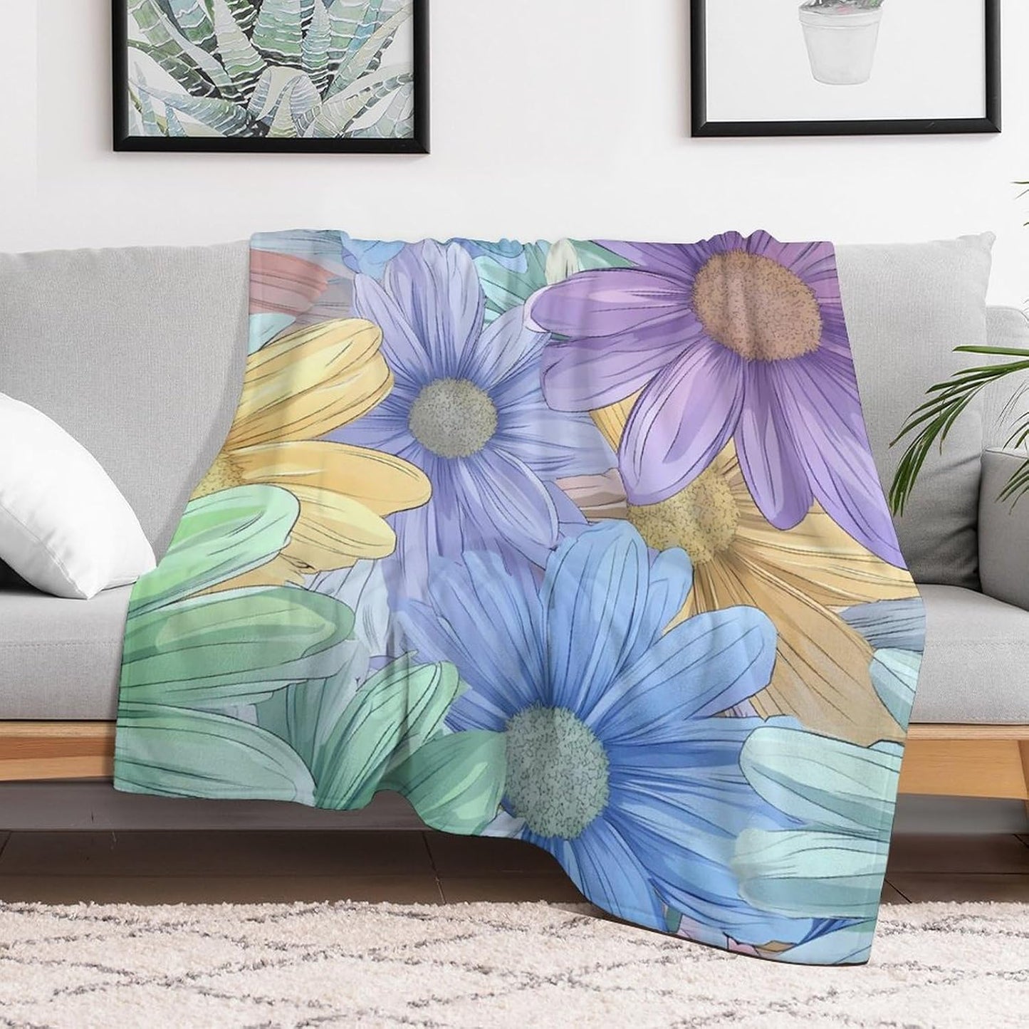 Boho Flower Throw Blanket for Couch Bed Plush Cozy Fuzzy Flannel Blanket for All Season 55"x70"